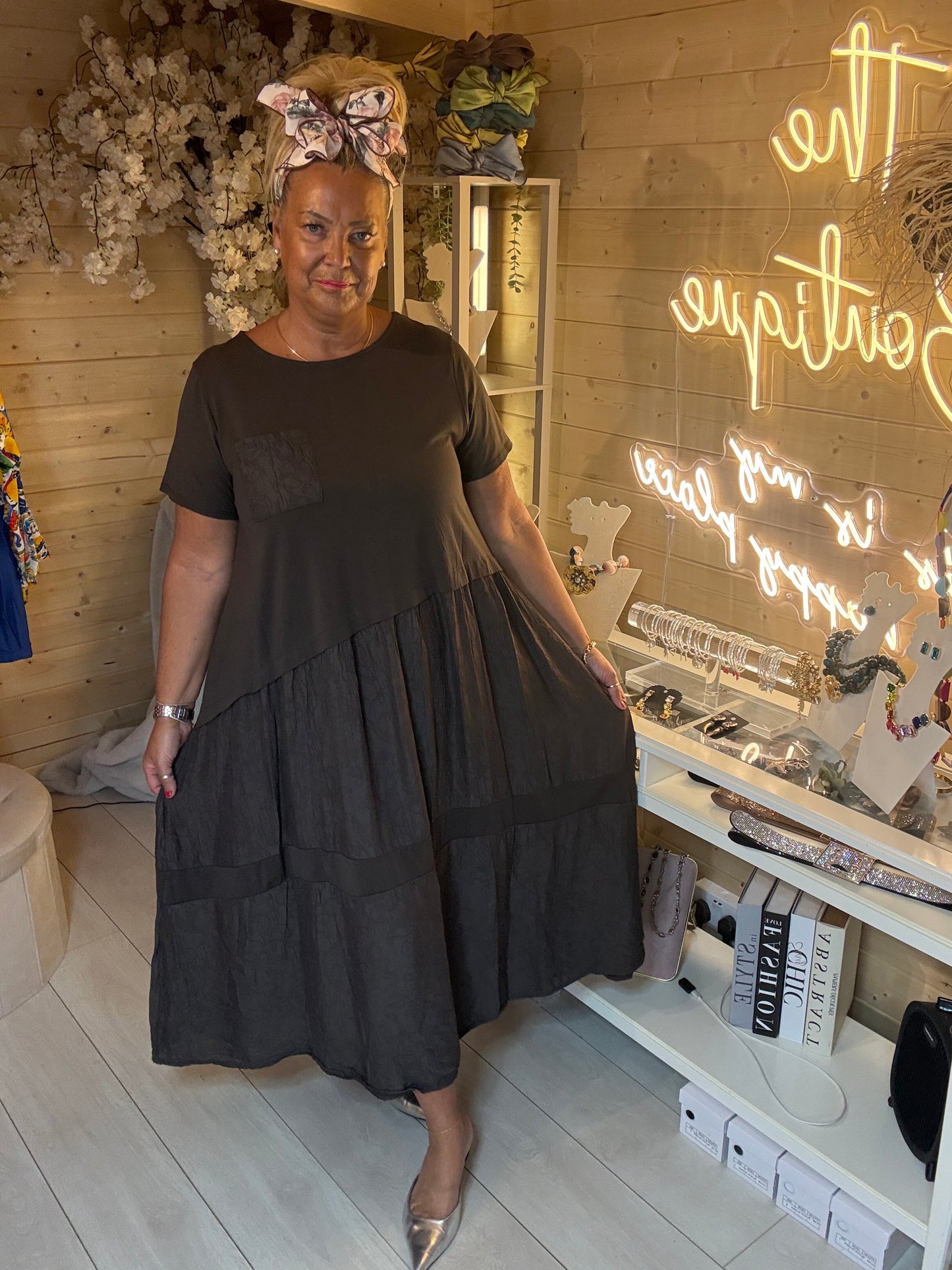 Luna brown midi dress full length view – The Ultimate Ladies Boutique one size dress