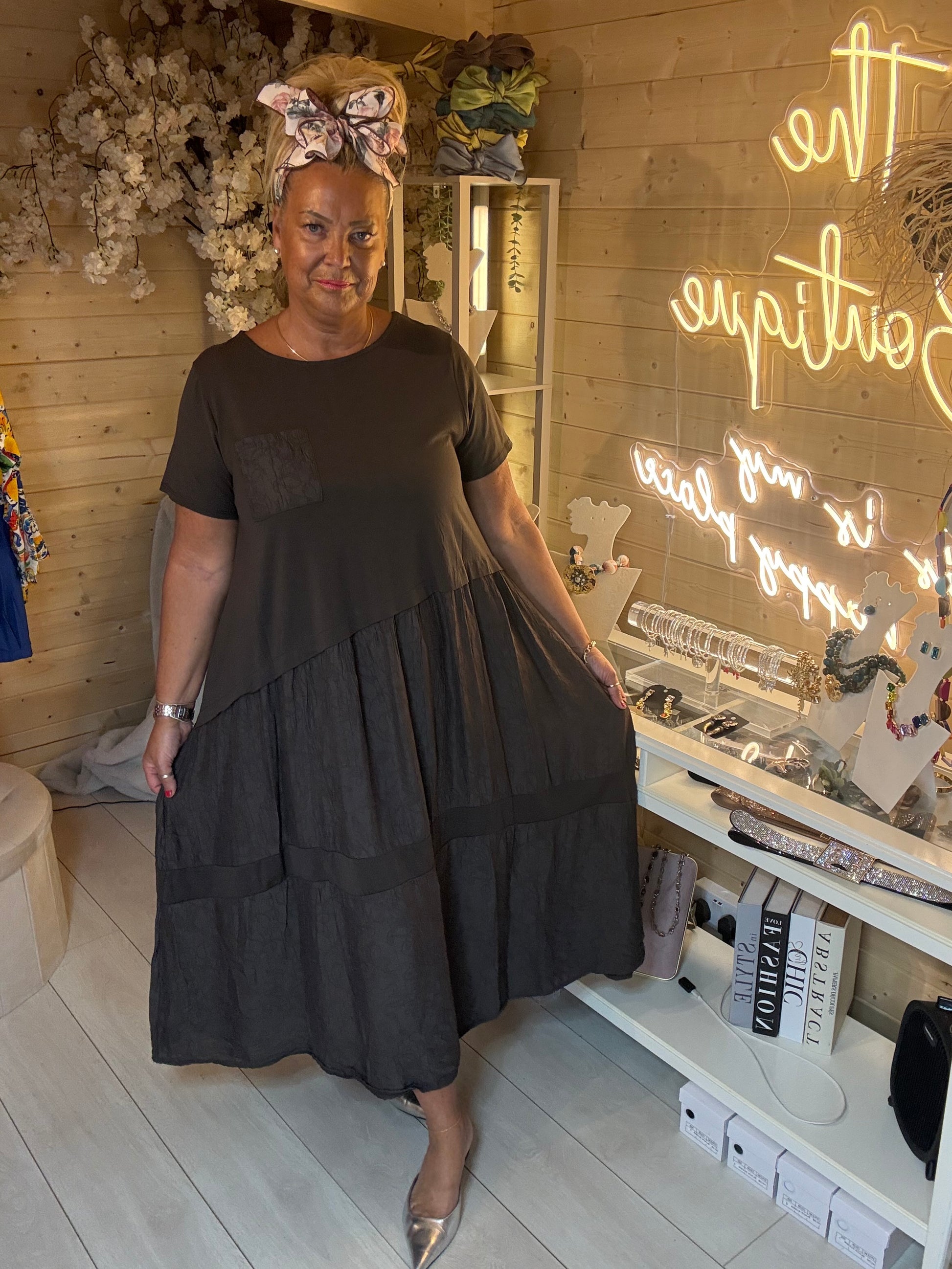 Luna brown midi dress full length view – The Ultimate Ladies Boutique one size dress
