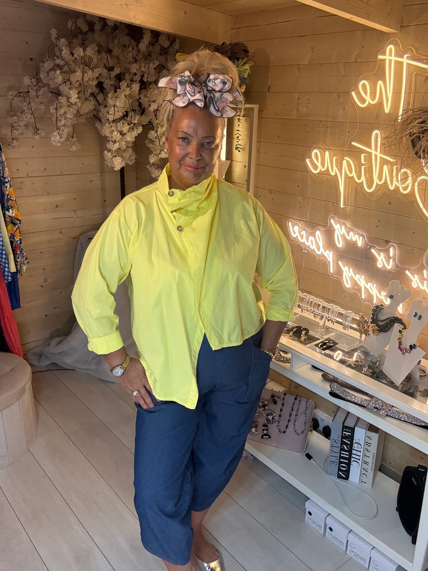 Cannes crossover jacket top full length front view on model – neon yellow boutique top