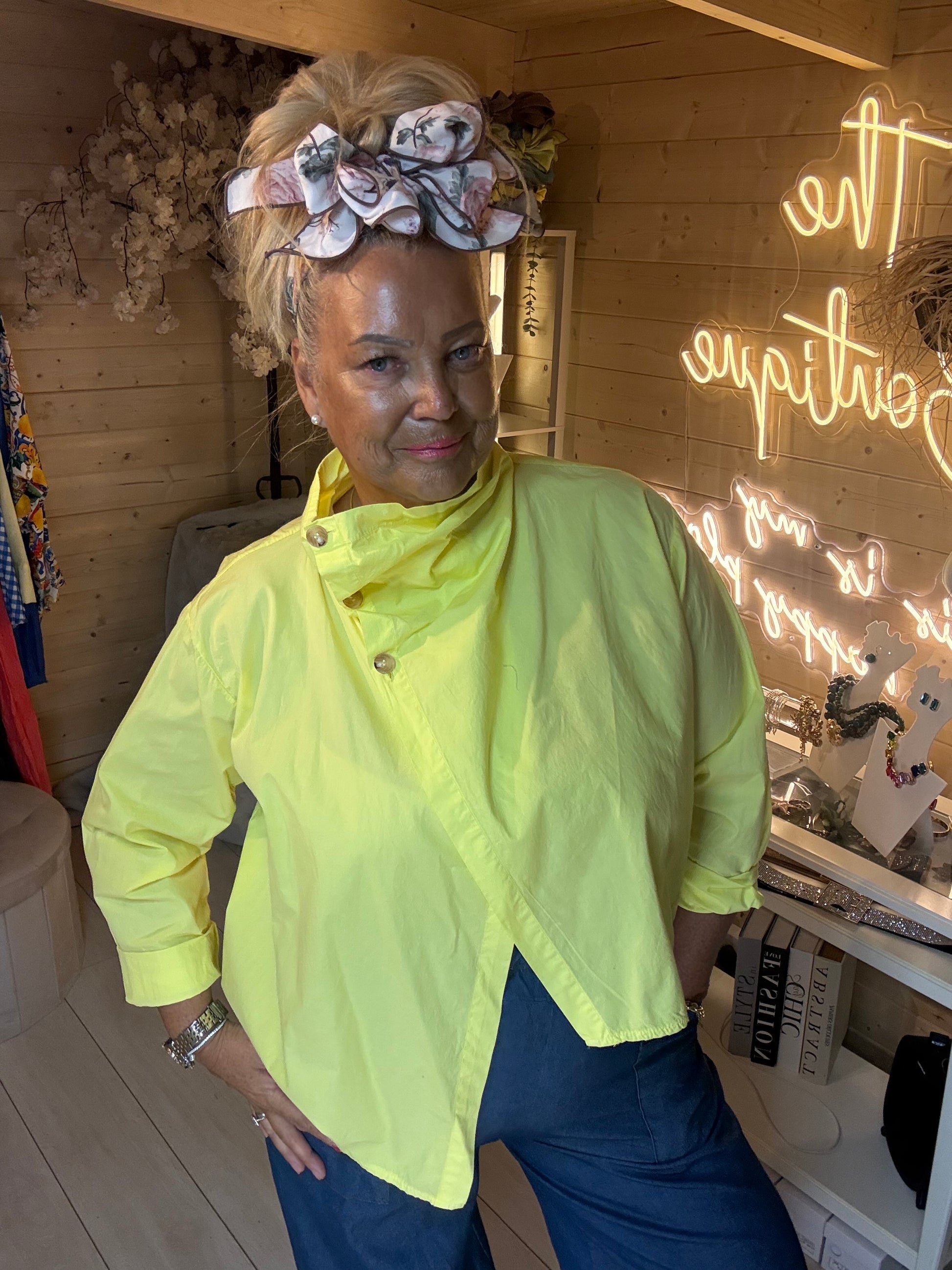 Cannes neon yellow crossover jacket top one size 8-18 – close-up front view