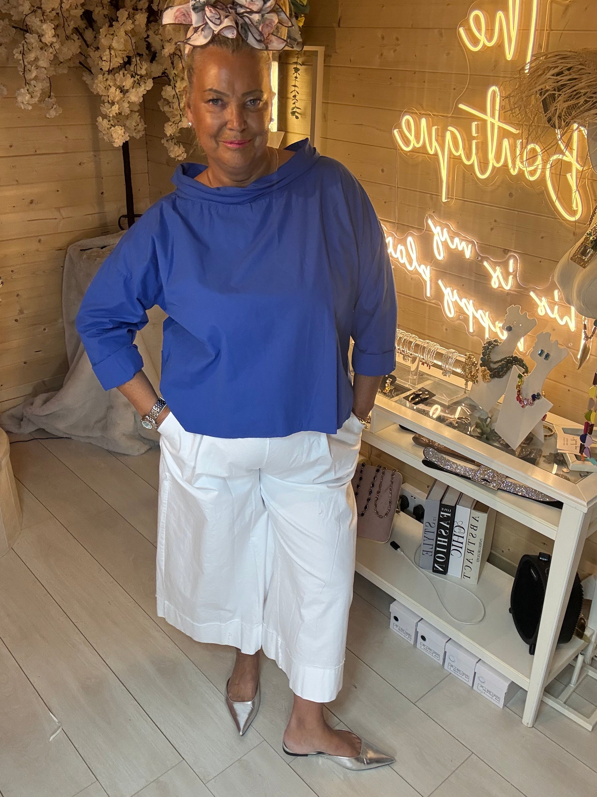 Nova cowl neck top full length side angle view – cobalt blue women’s boutique top