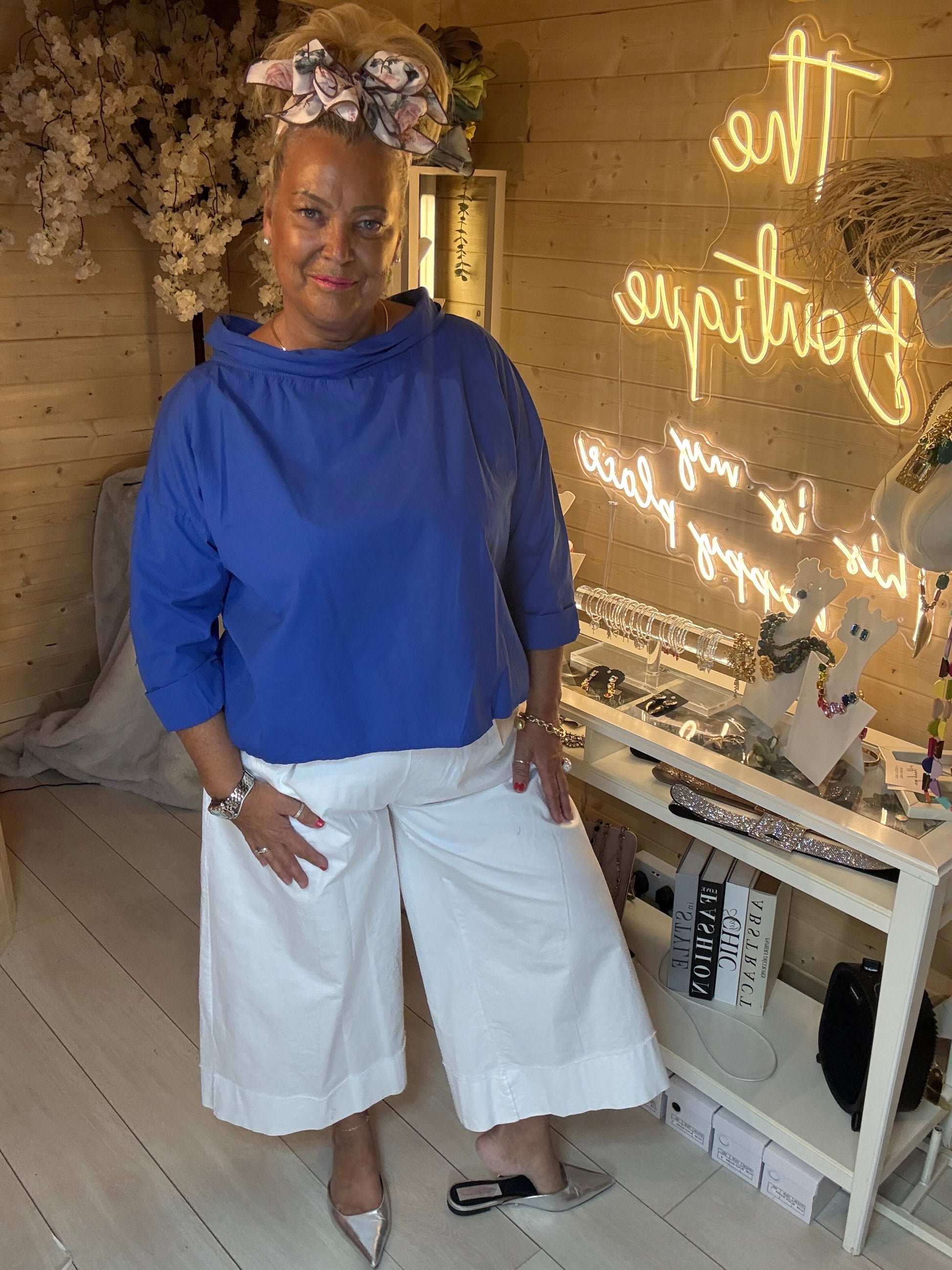 Nova cobalt blue boxy top full length front view – one size 8-18 ladies boutique