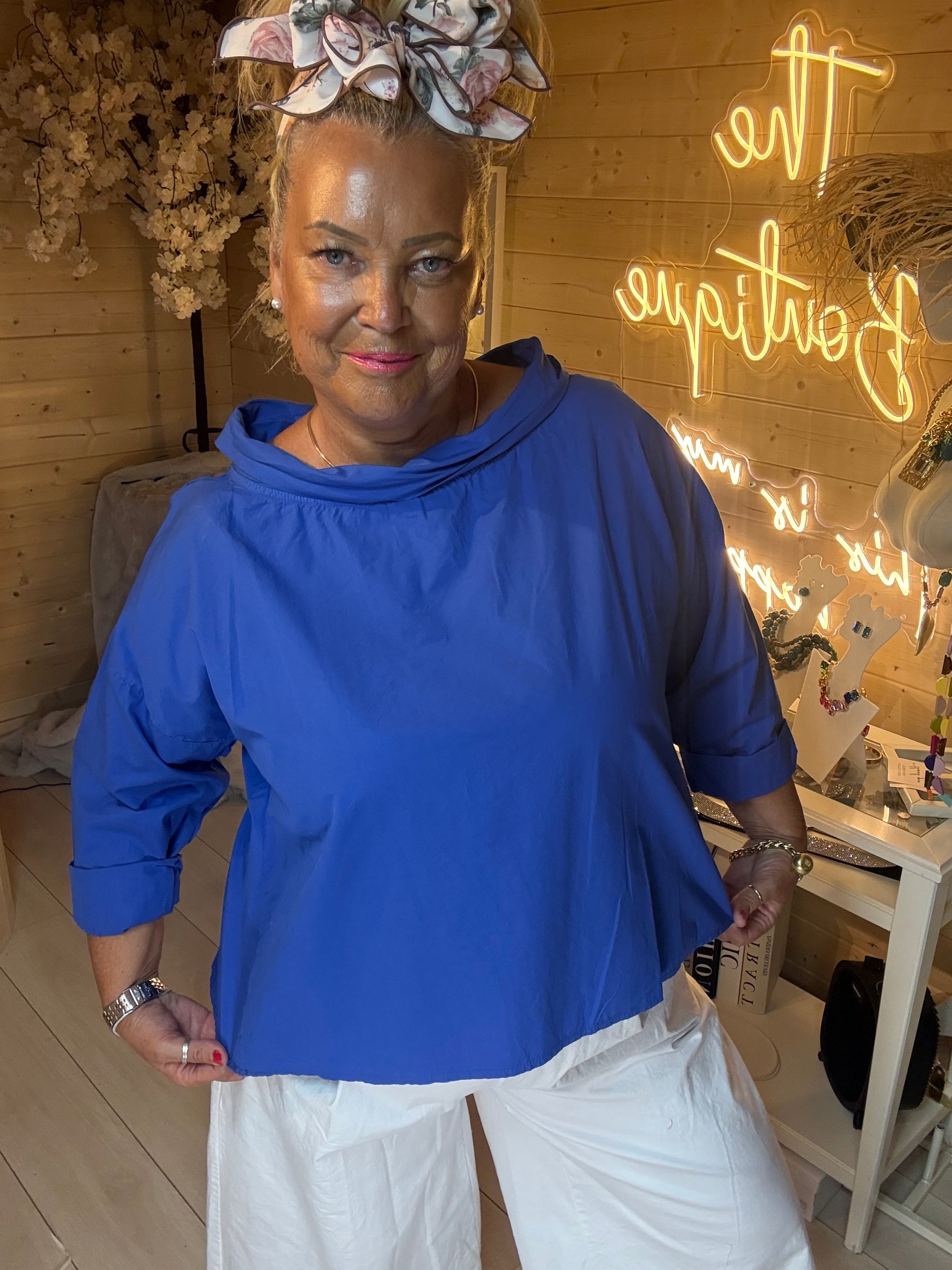 Nova cobalt blue cowl neck top one size 8-18 – close-up front view on model