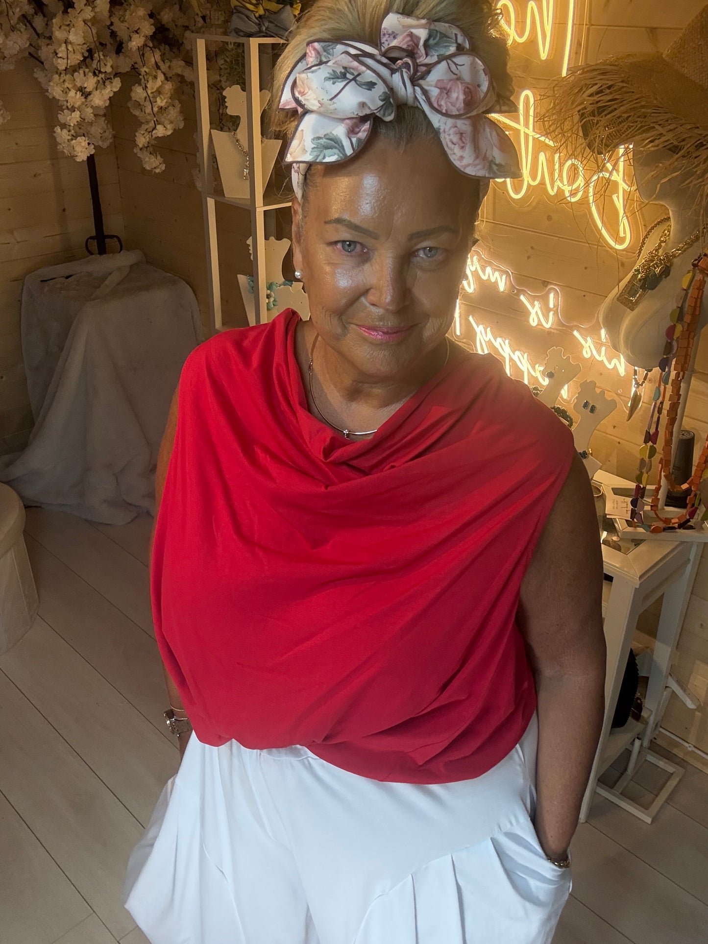 Mia cowl neck draped top styled with white culottes and silver bag – boutique top