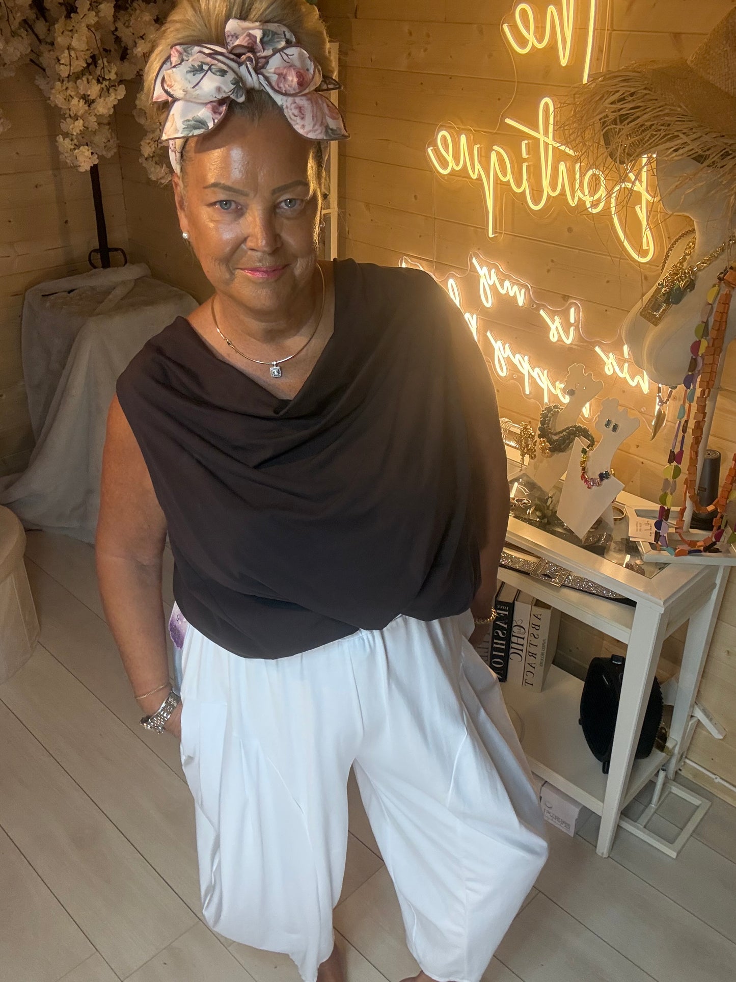 Mia cowl neck top full length front view – relaxed sleeveless boutique top one size