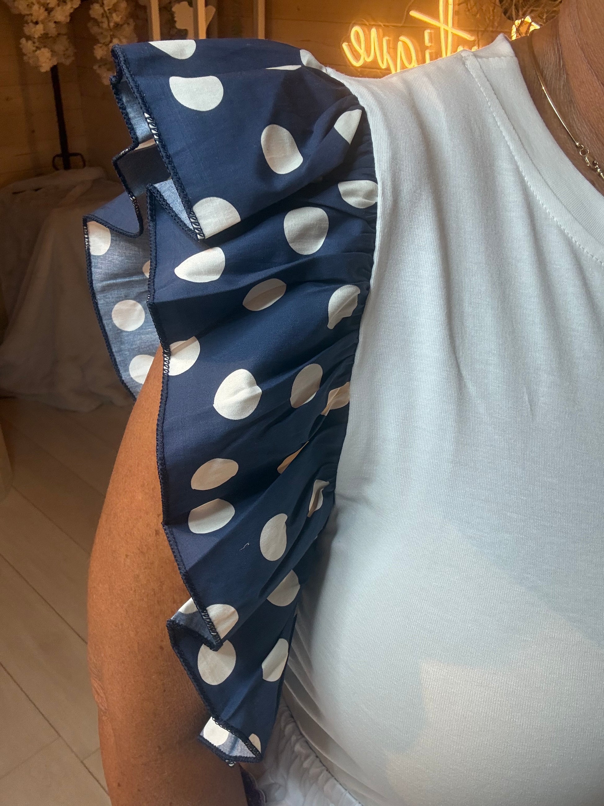 Dotty navy polka dot ruffle sleeve close-up detail – The Ultimate Ladies Boutique