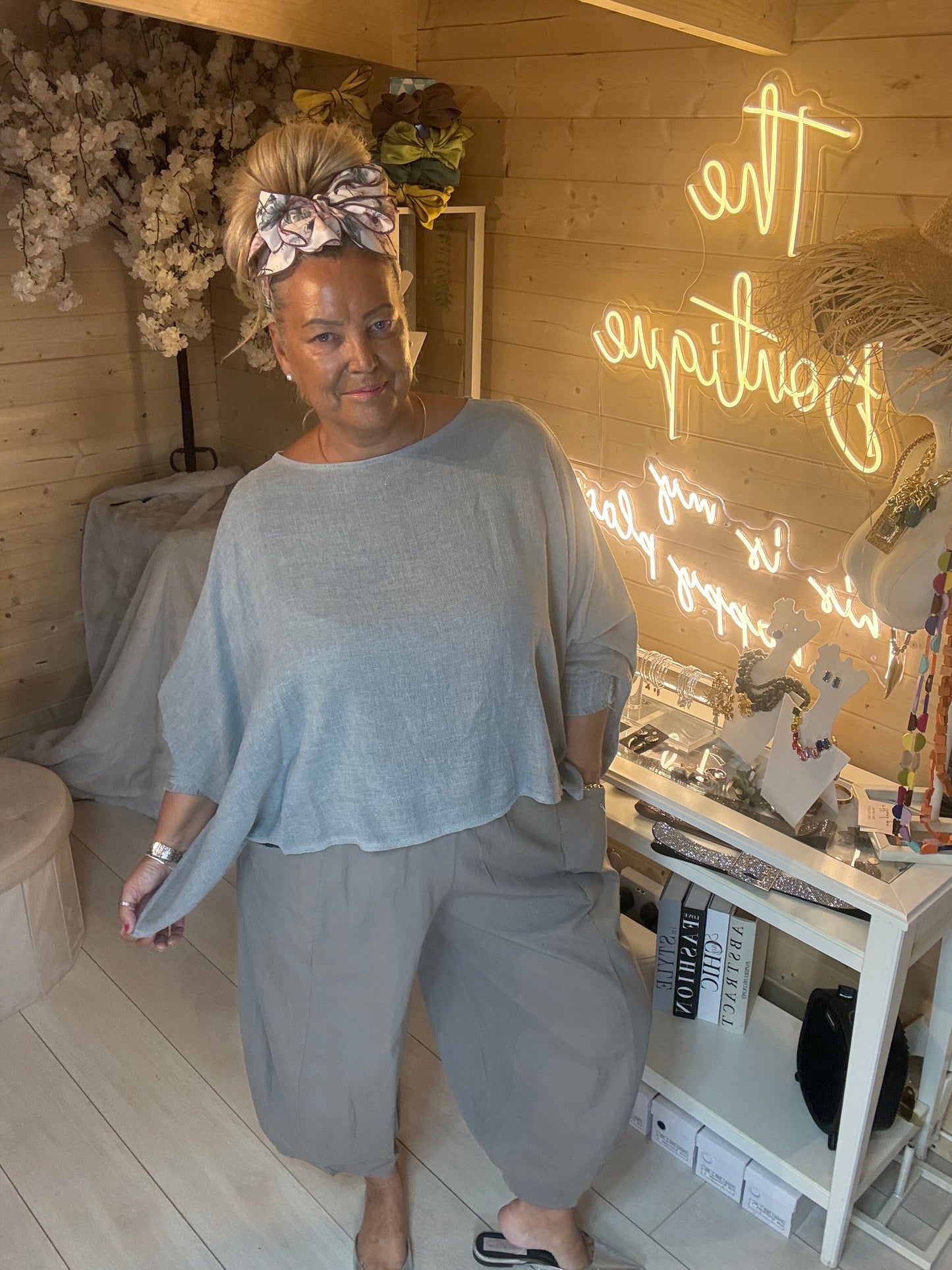Alba grey batwing knit top close-up texture detail – The Ultimate Ladies Boutique