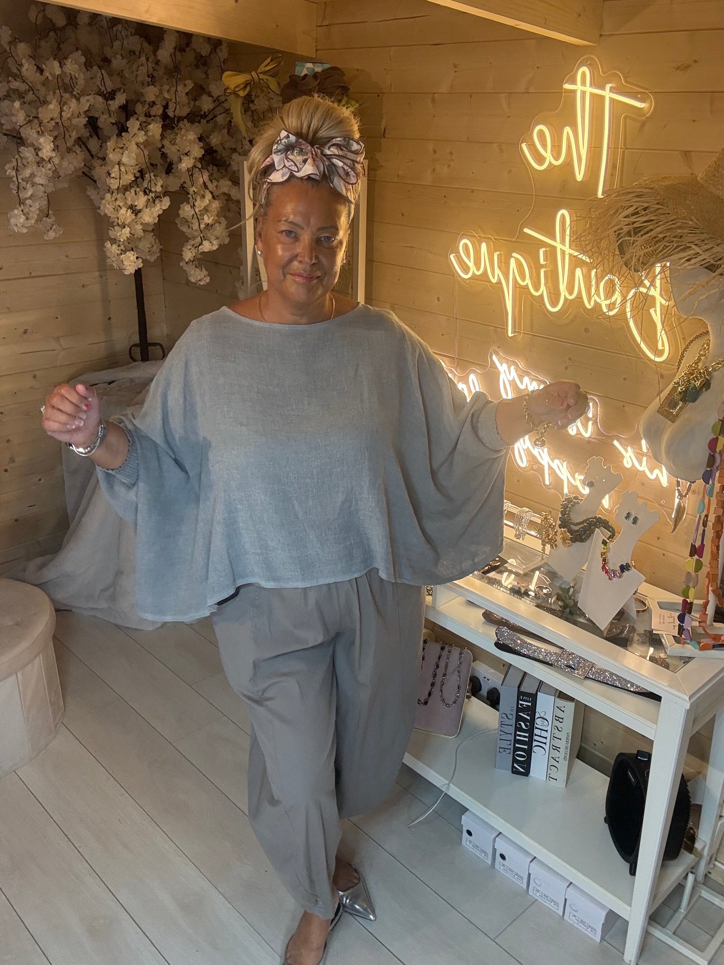 Alba grey cropped batwing top full length side angle view – relaxed fit knit top