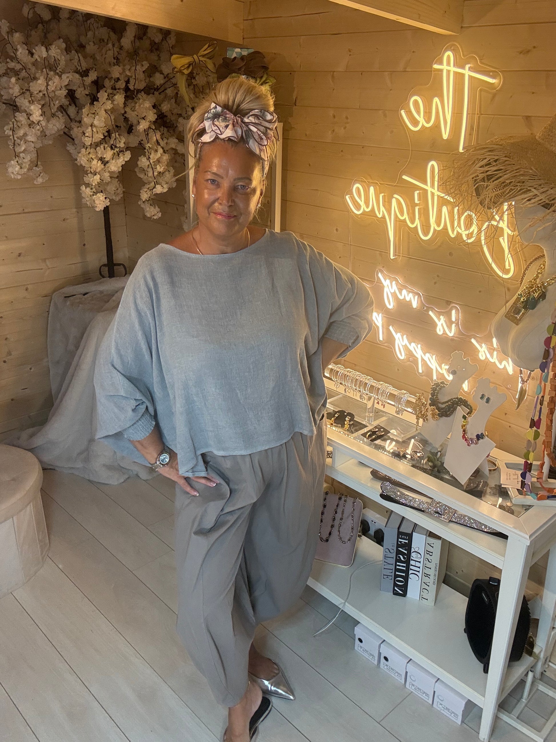 Alba grey knit batwing top styled with matching trousers – The Ultimate Ladies Boutique