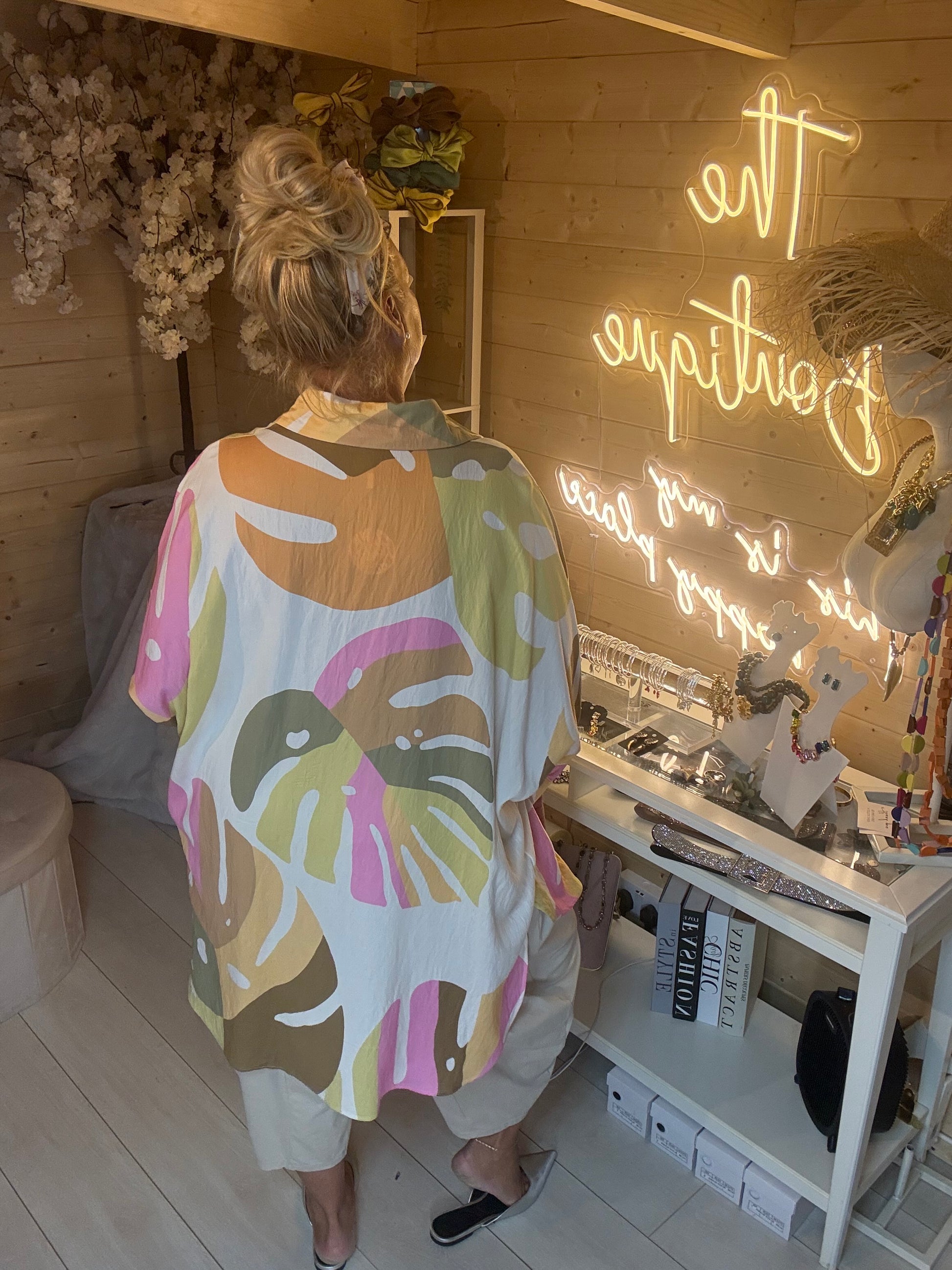 Havana tropical print shirt full length view styled with culottes and silver heels