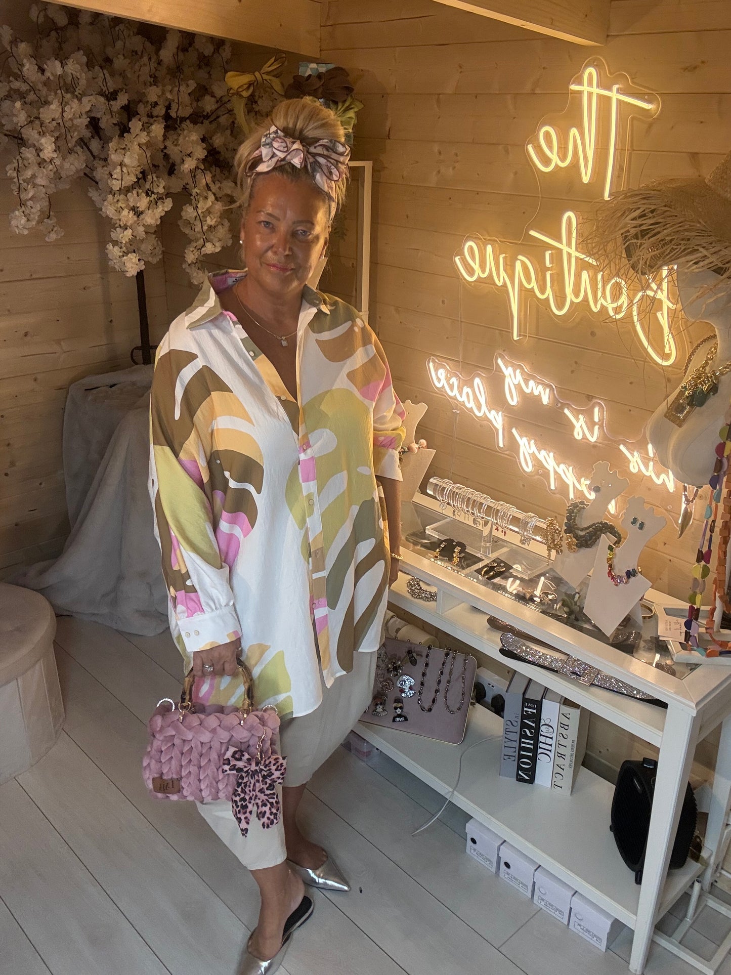 Havana abstract tropical print oversized shirt one size 8-20 – full length front view on model