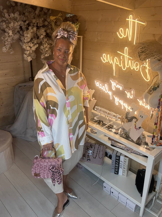 Havana abstract tropical print oversized shirt one size 8-20 – full length front view on model
