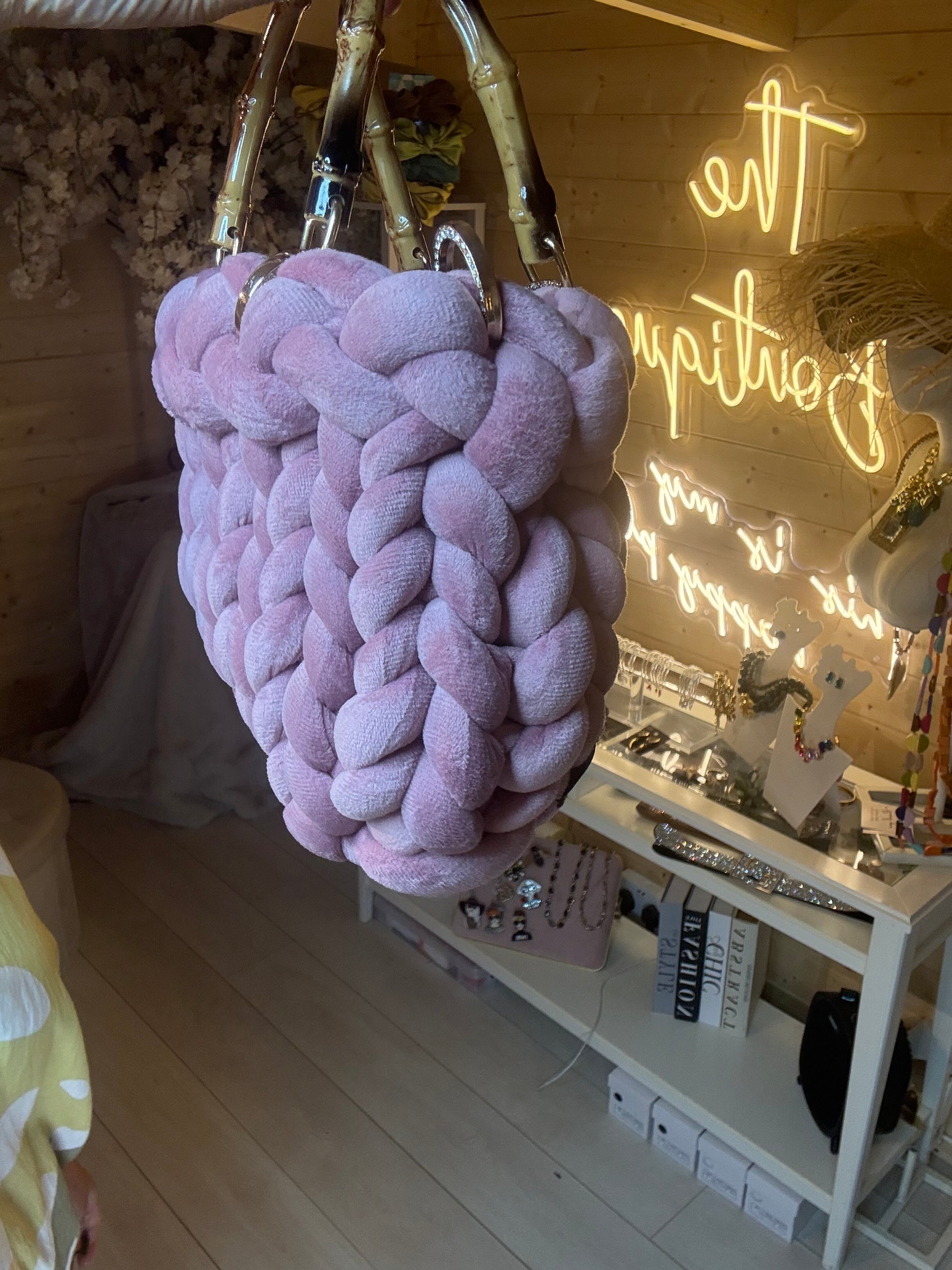 Lavinia chunky woven bag underside view showing braided texture – lilac boutique tote bag