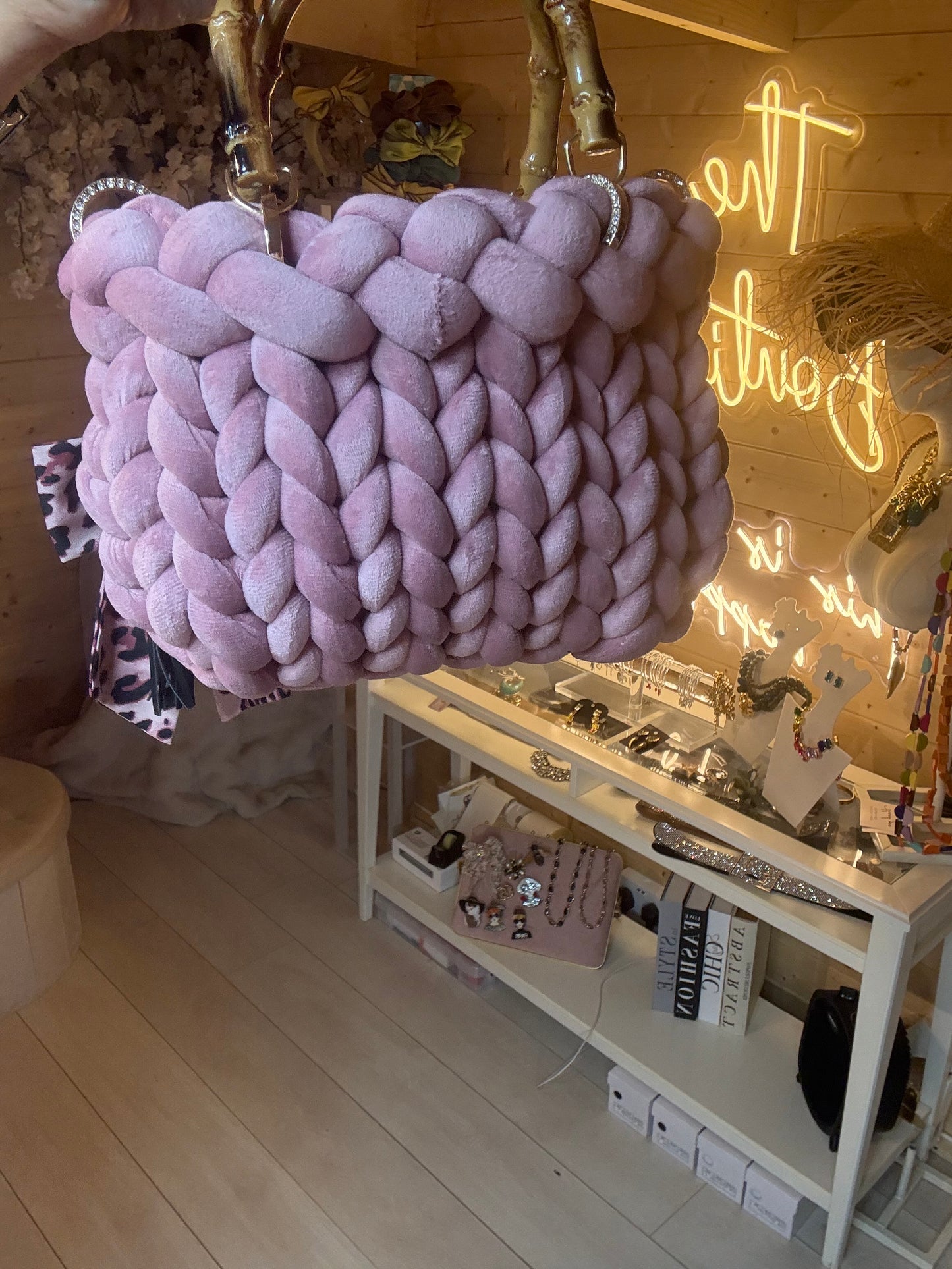 Lavinia lilac chunky woven tote bag back view with gold bamboo handle – boutique statement bag