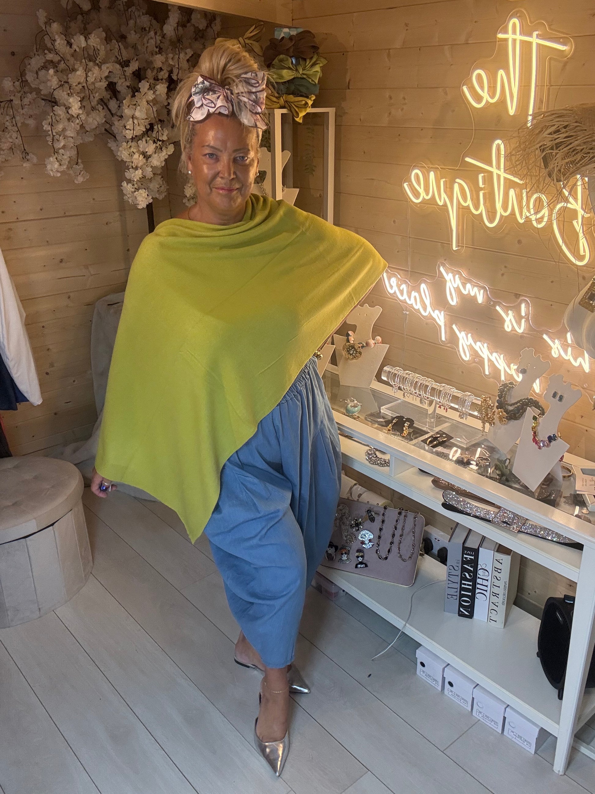 Brezza cobalt blue lightweight knit poncho cape full length front view on model