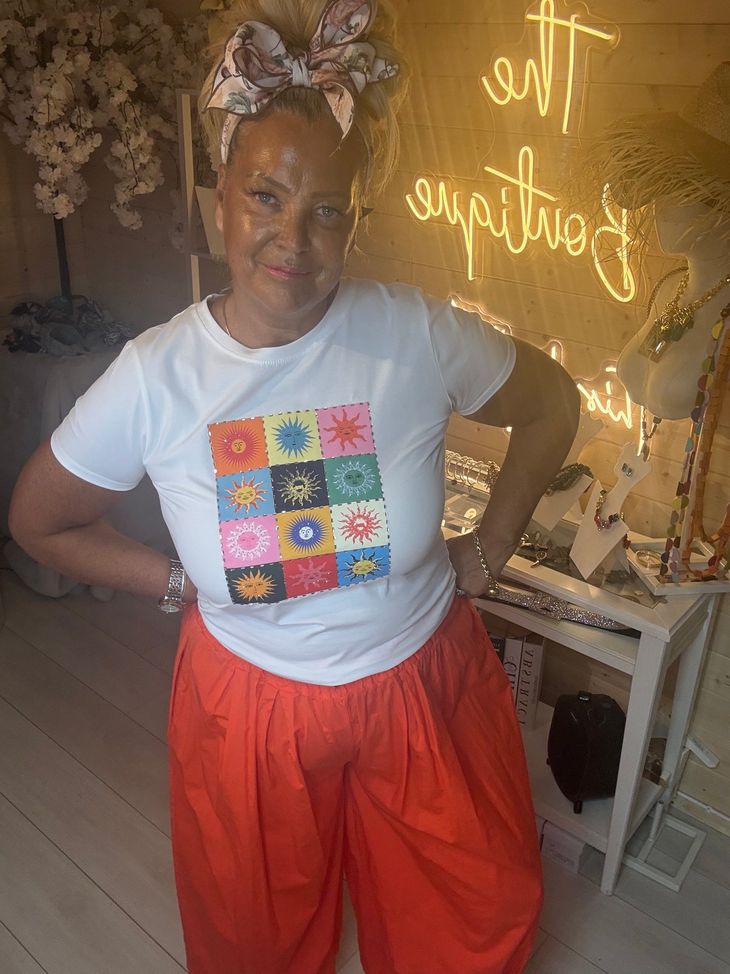 Solar Colour Block Sun Print Graphic T-Shirt White One Size 8-16