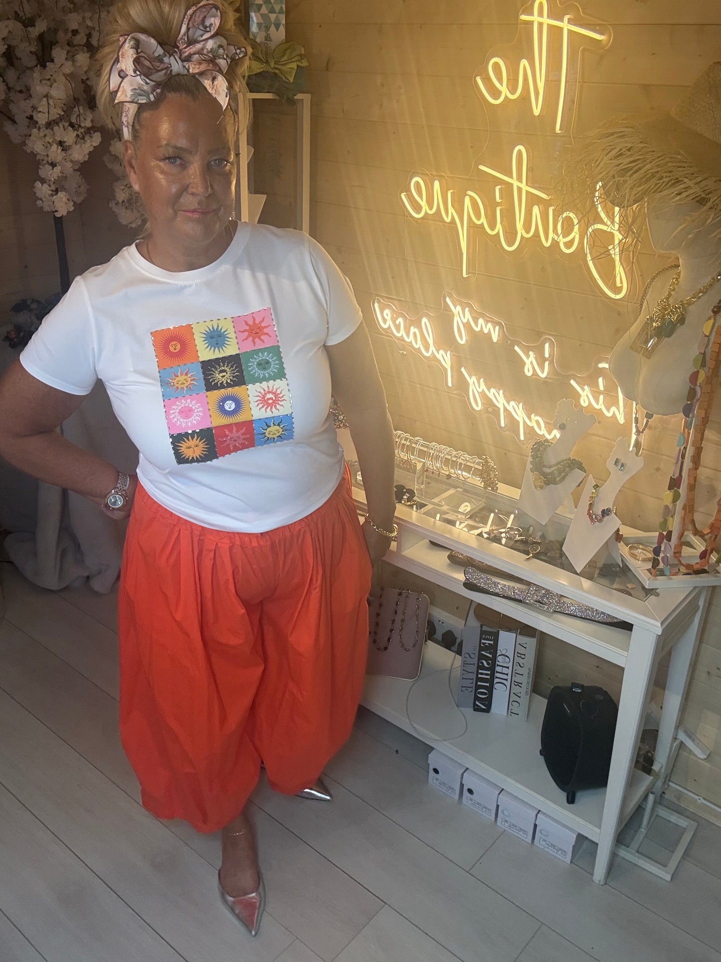 Solar Colour Block Sun Print Graphic T-Shirt White One Size 8-16