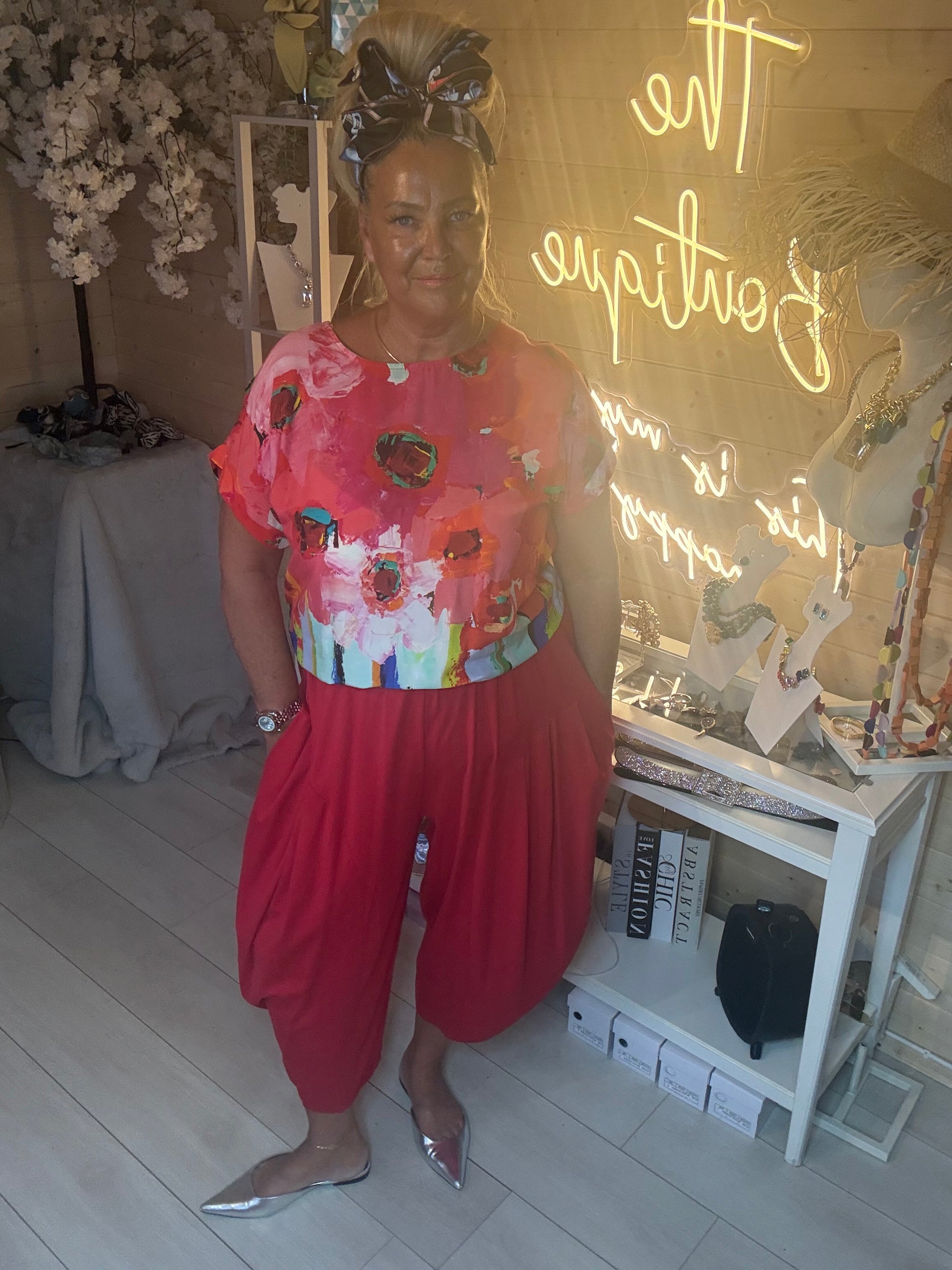 Valencia Red Abstract Floral Top front view showing bold red coral and pink abstract floral brushstroke print