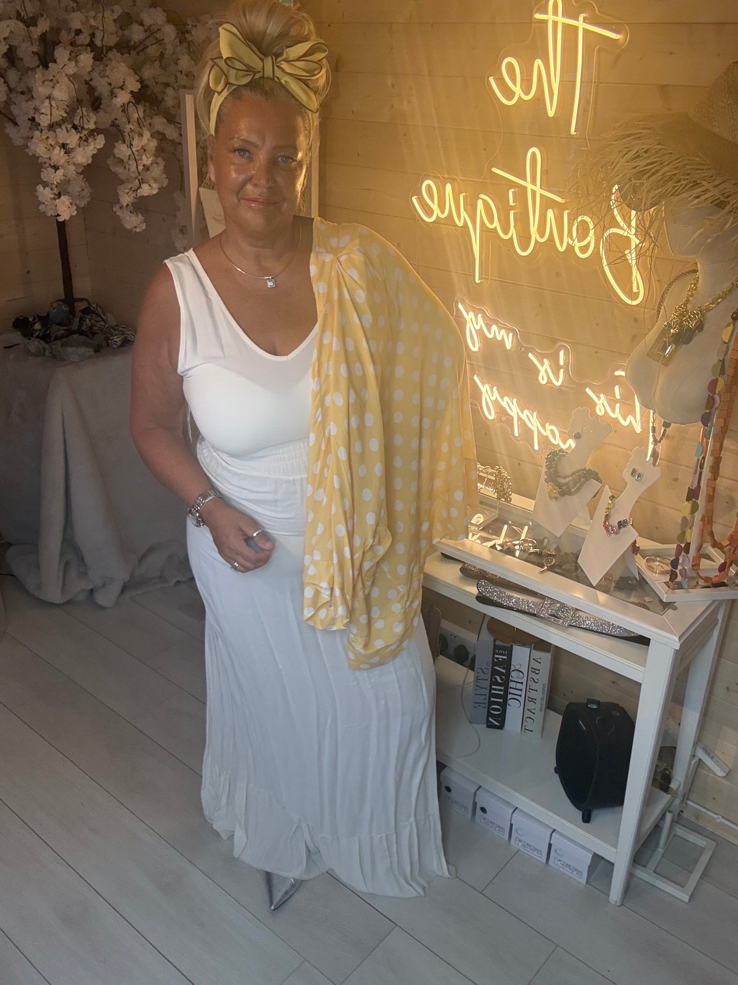 Side view of Positano White Maxi Dress and Yellow Polka Dot Shawl Set showing relaxed kimono jacket styling with silver heels