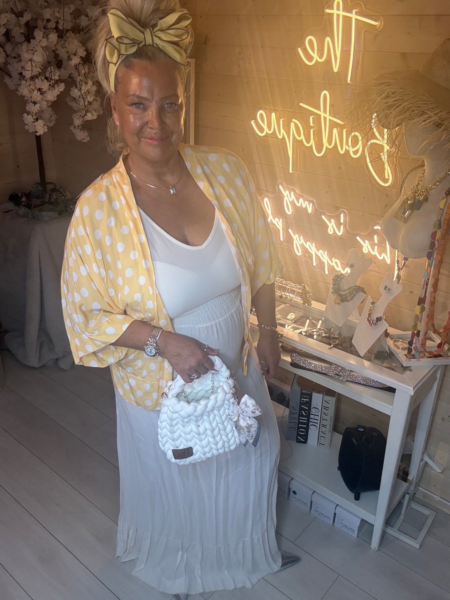 Positano White Maxi Dress and Yellow Polka Dot Shawl Set full outfit view with silver pointed heels and white bag