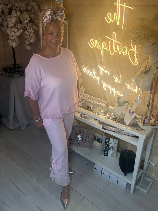 Sky Shimmer Ruffle Hem Linen Trousers | One Size 8-16 (Small 18)