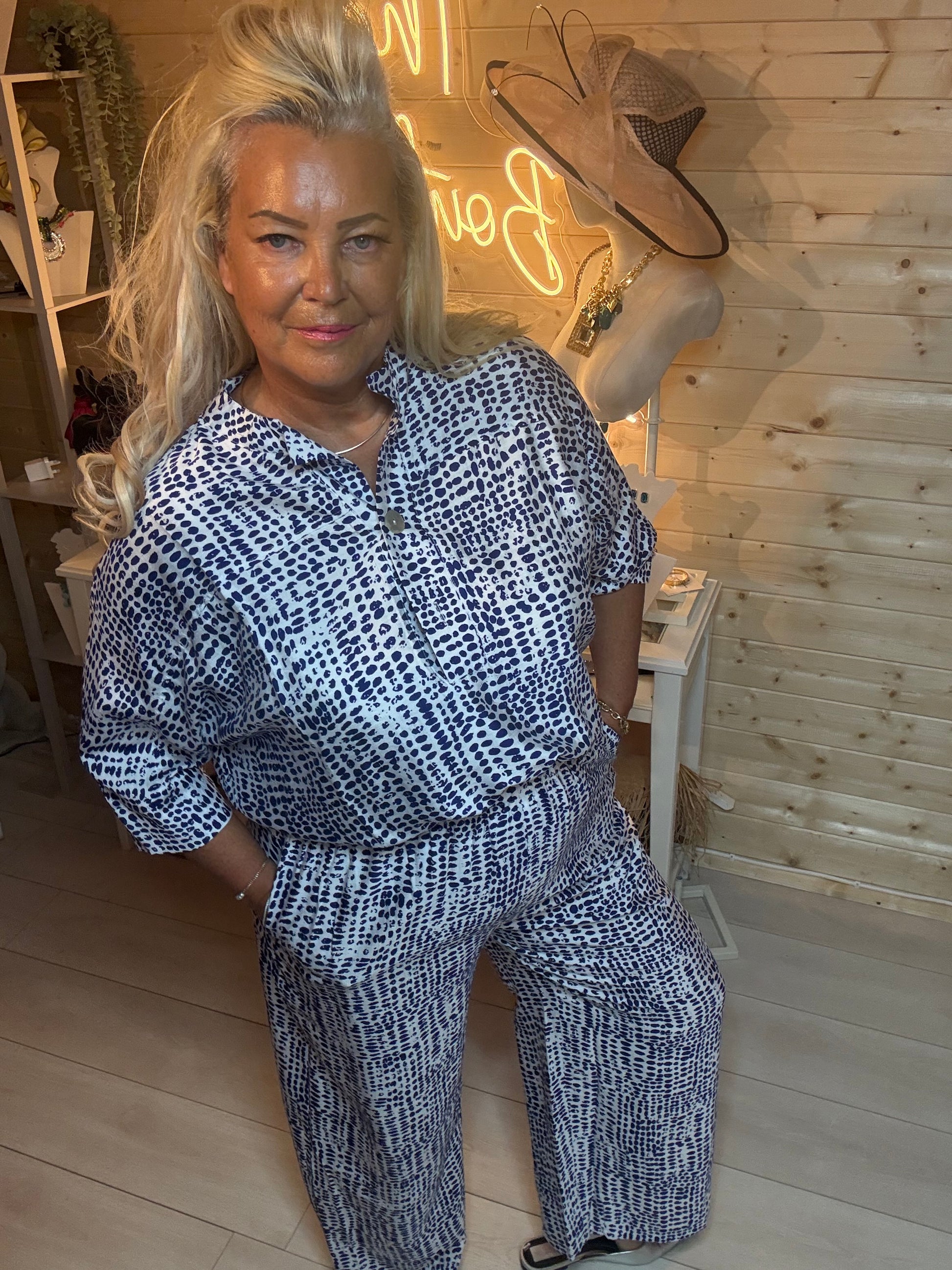 Navy spot print co-ord set – close up showing classic collar, button placket and 3/4 sleeve shirt detail with matching trousers