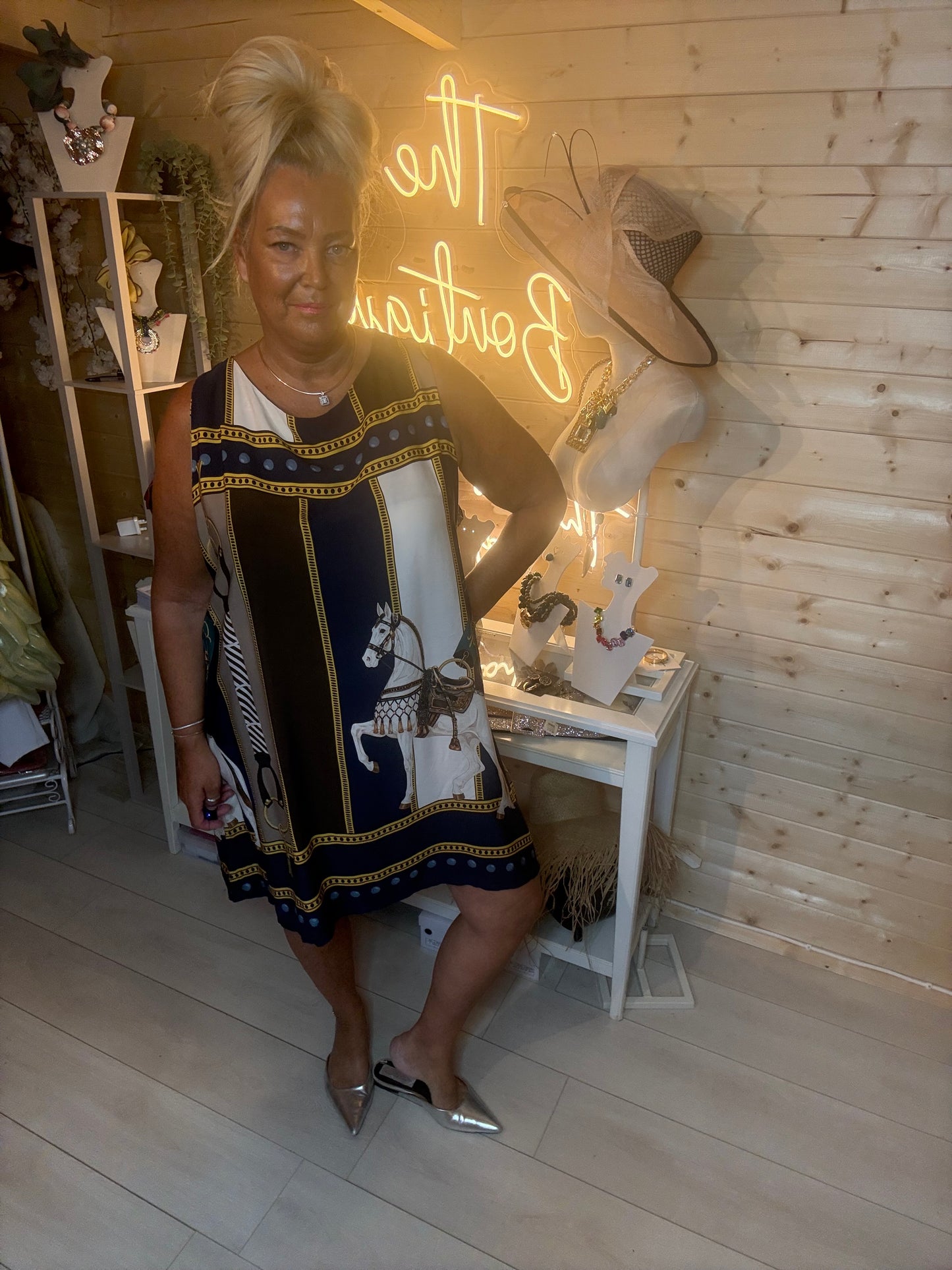 Navy equestrian print shift dress – full length front view showing relaxed A-line silhouette, round neckline and scarf-style panel print