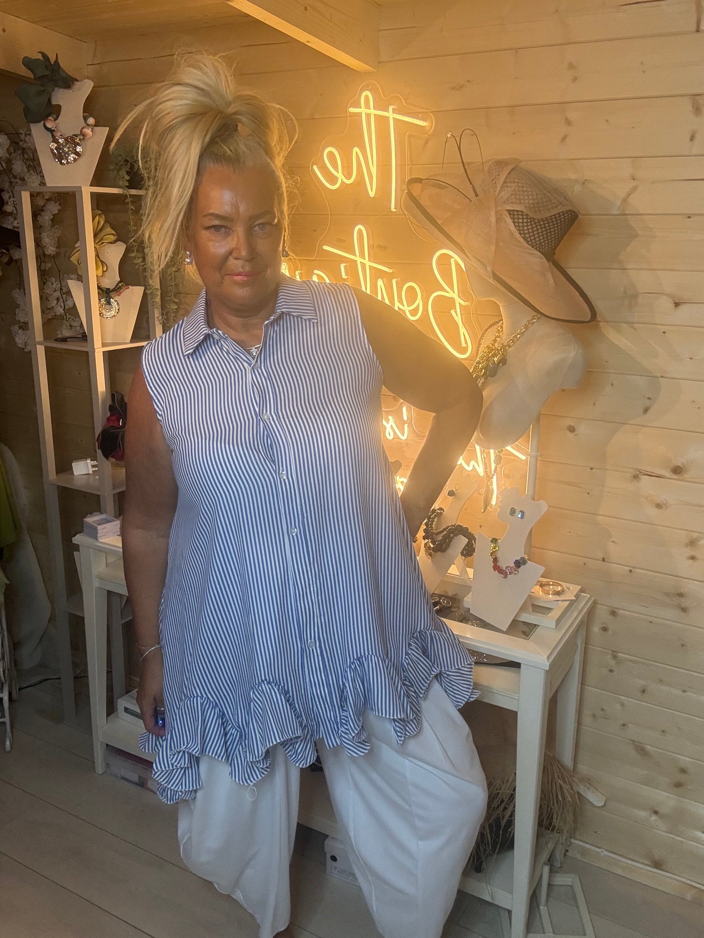 Blue Pinstripe Ruffle Hem Shirt Tunic – One Size 8-16 (Small 18)