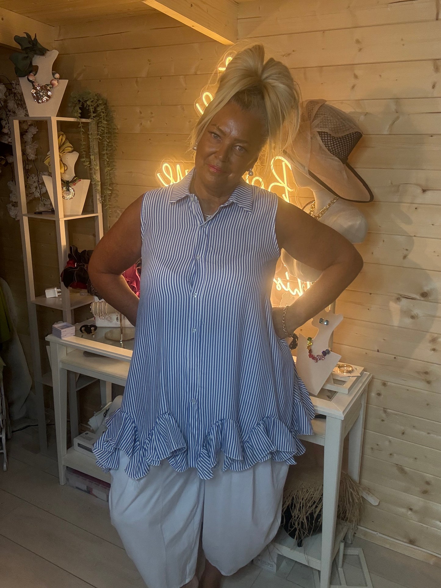 Blue Pinstripe Ruffle Hem Shirt Tunic – One Size 8-16 (Small 18)