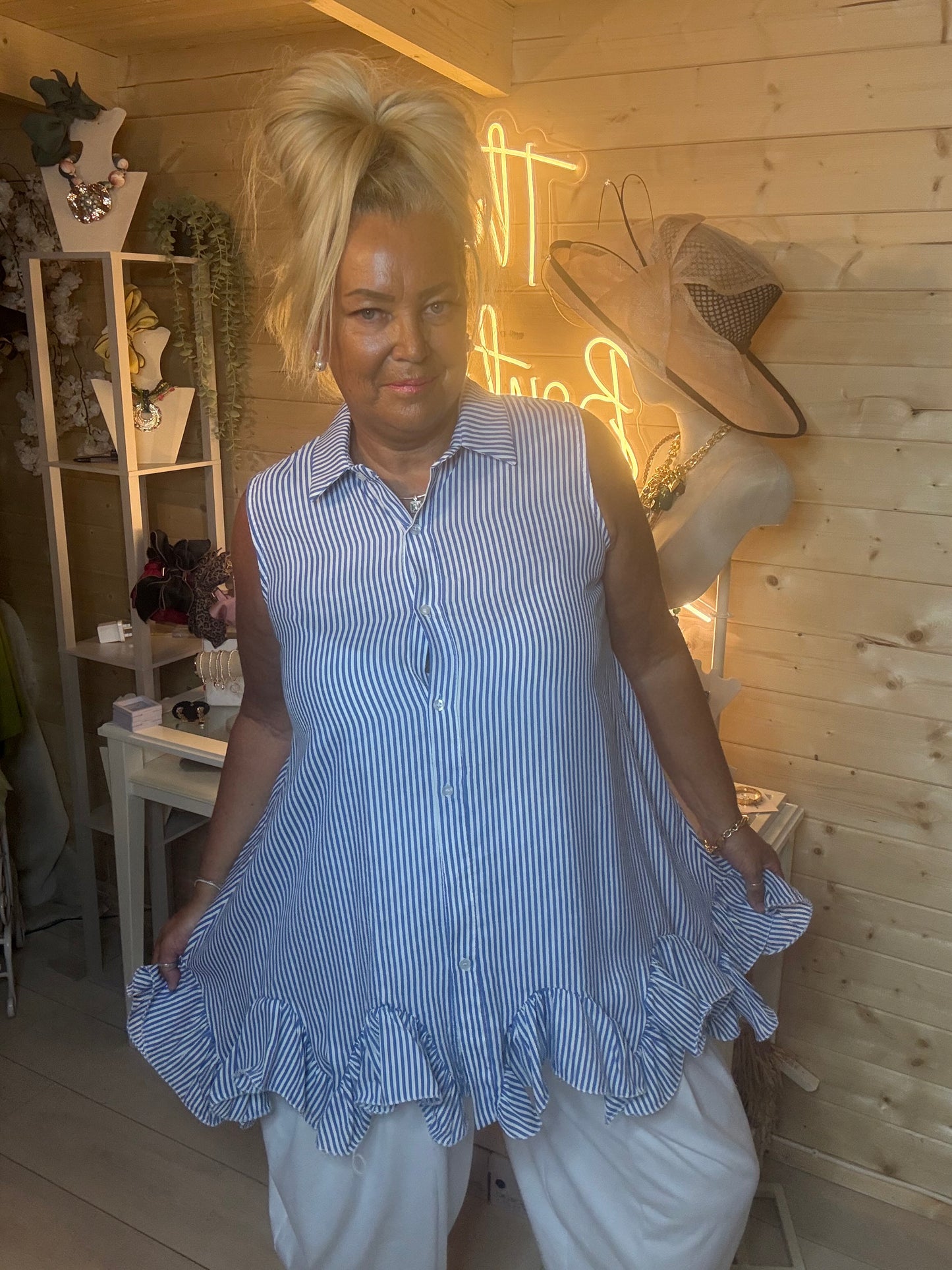 Blue Pinstripe Ruffle Hem Shirt Tunic – One Size 8-16 (Small 18)