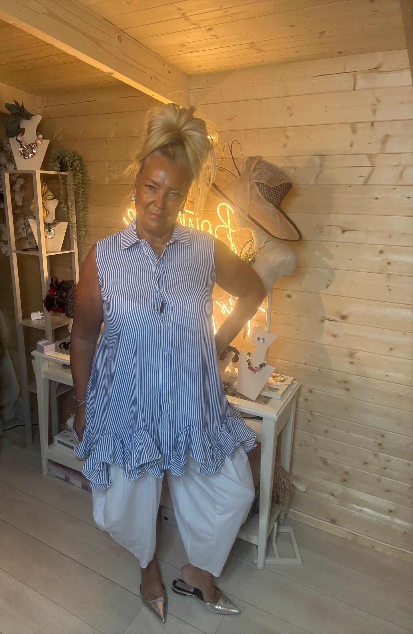 Blue Pinstripe Ruffle Hem Shirt Tunic – One Size 8-16 (Small 18)