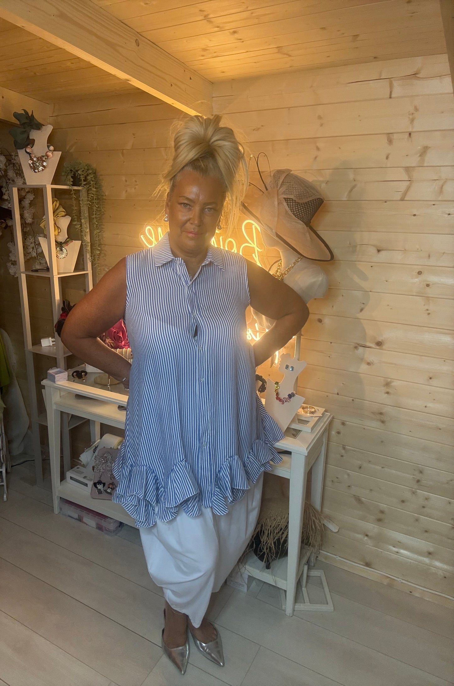 Blue Pinstripe Ruffle Hem Shirt Tunic – One Size 8-16 (Small 18)