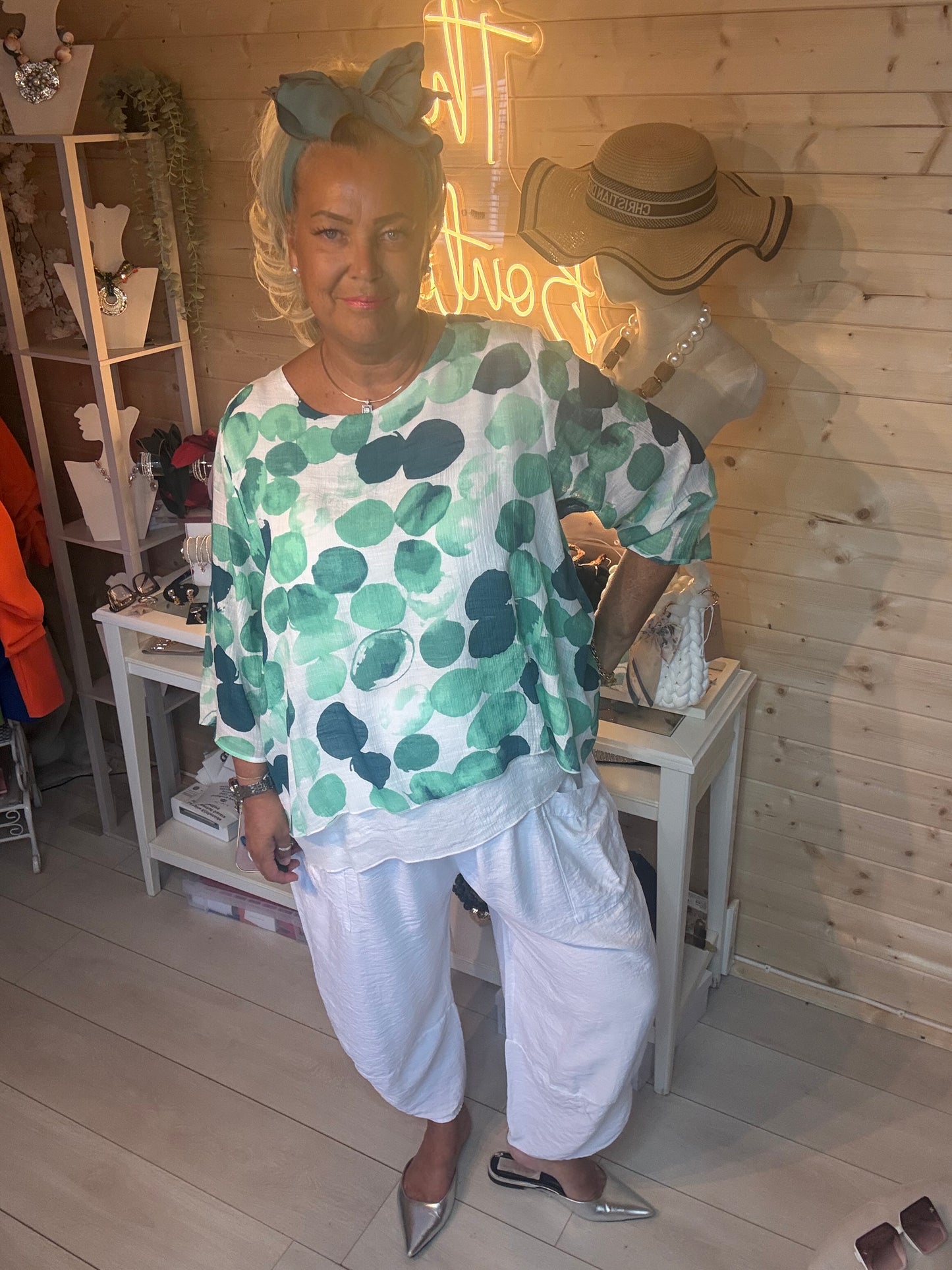 Delia women's spot print top in sage green – one size 8-18 – The Ultimate Ladies Boutique