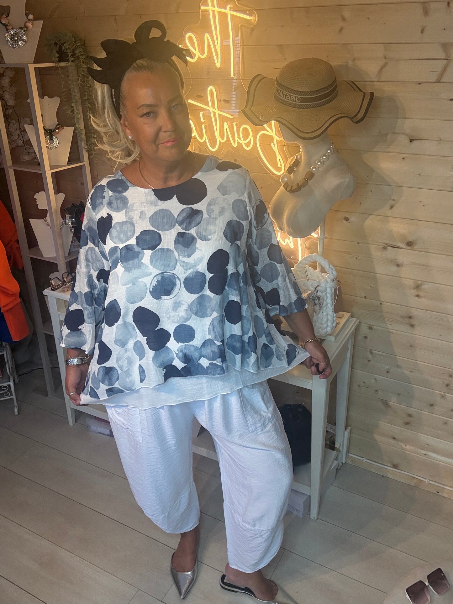 Delia women's spot print top in sage green styled outfit – one size 8-18 – The Ultimate Ladies Boutique