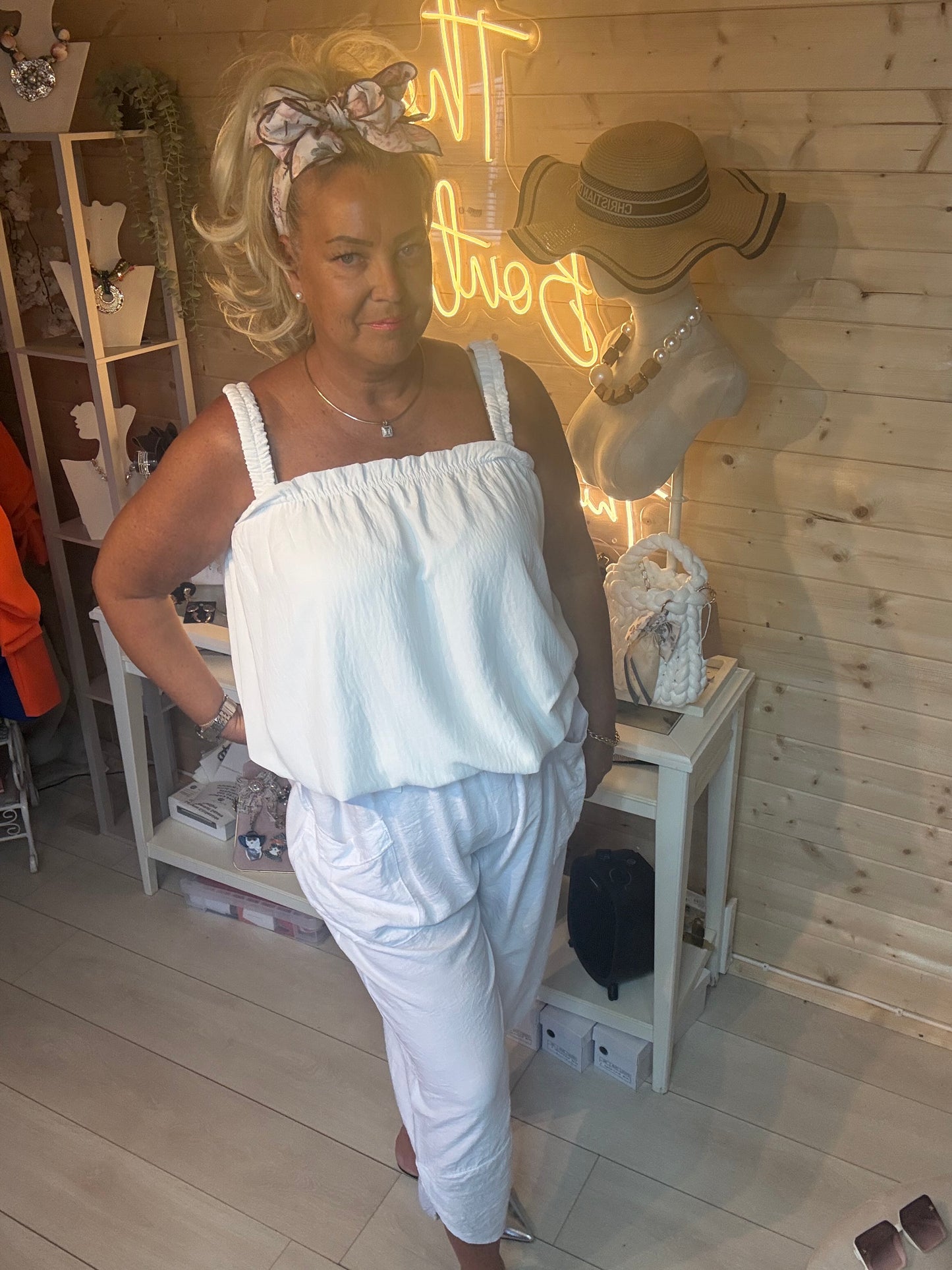 Cannes women's barrel leg trousers in taupe styled outfit – one size 12-22 – The Ultimate Ladies Boutique