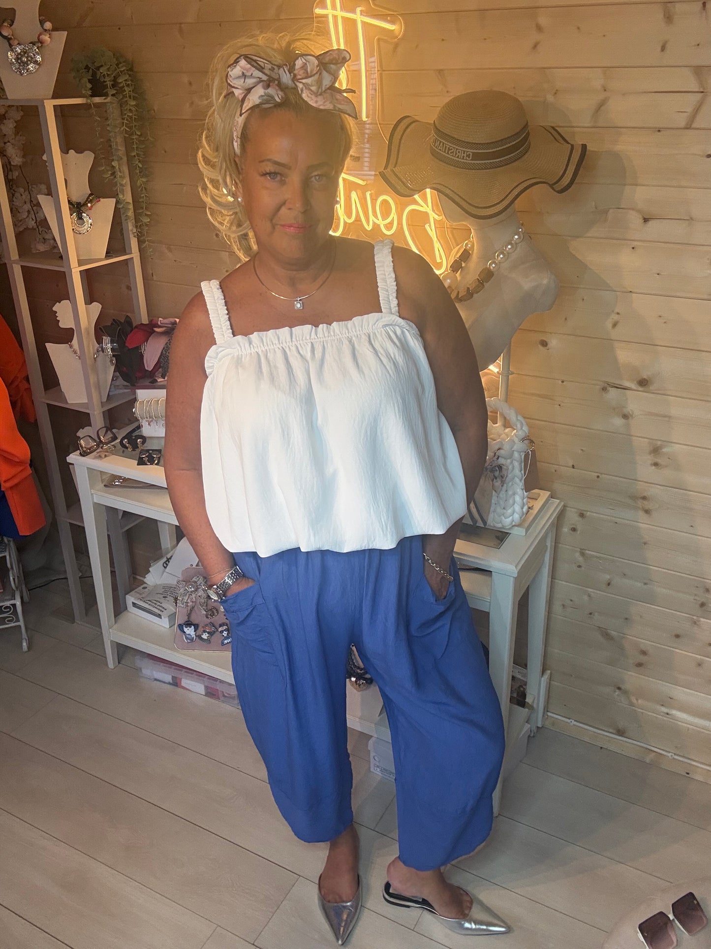 Cannes women's barrel leg trousers in electric blue front view – one size 12-22 – The Ultimate Ladies Boutique