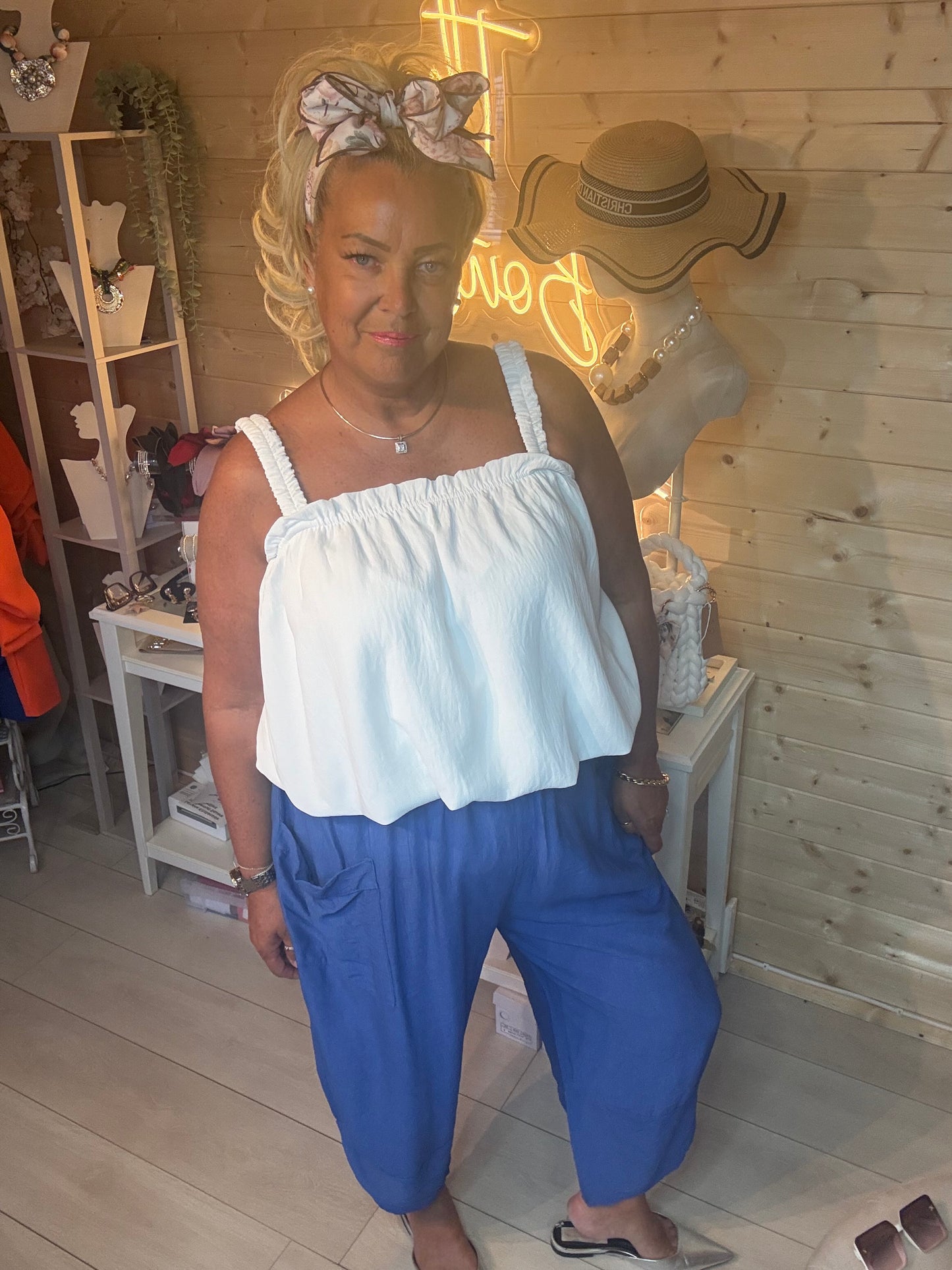 Cannes women's barrel leg trousers in electric blue styled outfit – one size 12-22 – The Ultimate Ladies Boutique