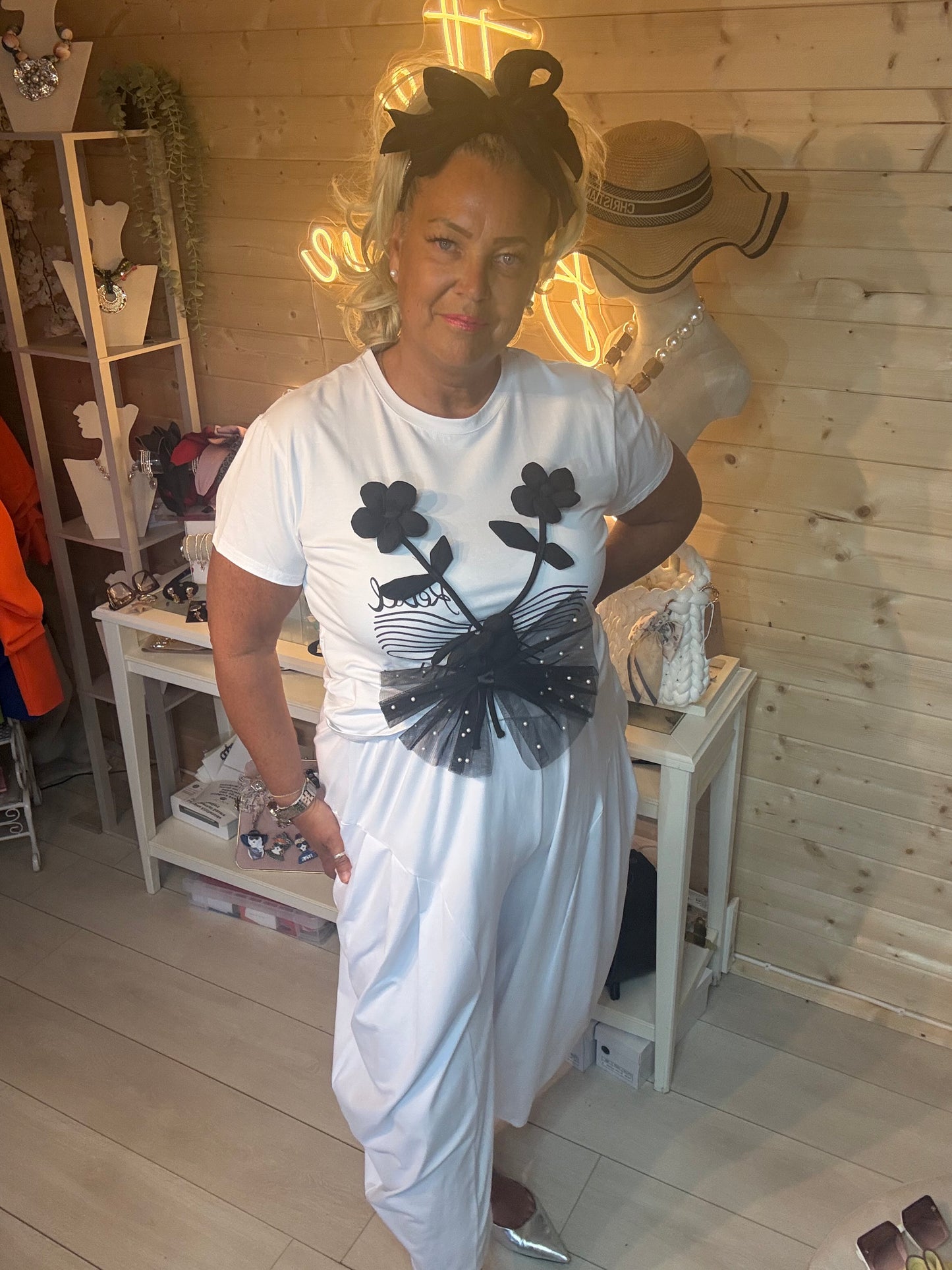 Verona floral appliqué T-shirt in white full length view – one size 8-18 – The Ultimate Ladies Boutique