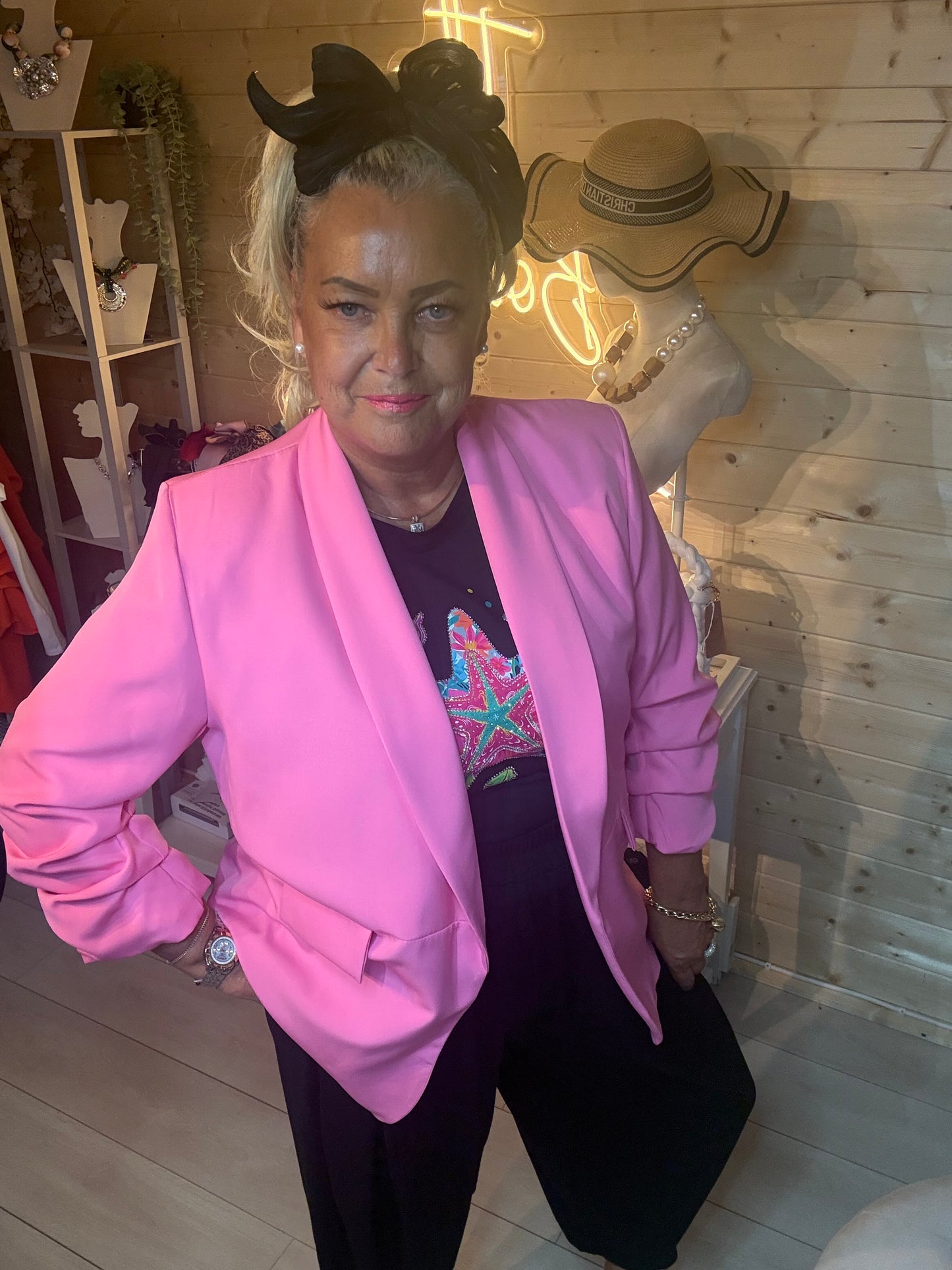 Estelle ruched sleeve blazer in pink – one size 12-18 – The Ultimate Ladies Boutique