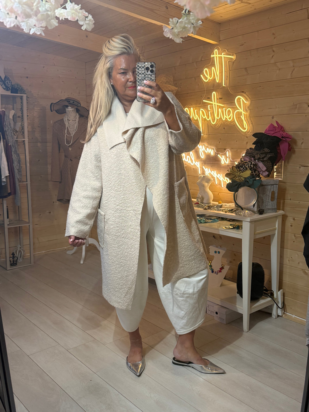 Marlow Stone Shimmer Waterfall Coat – mirror selfie full length view, One Size 8-18