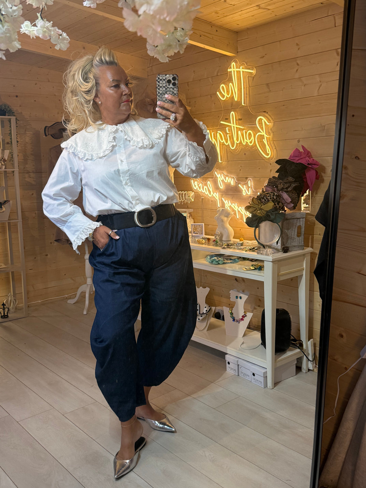 Versailles white broderie anglaise blouse front detail showing oversized collar and button fastening