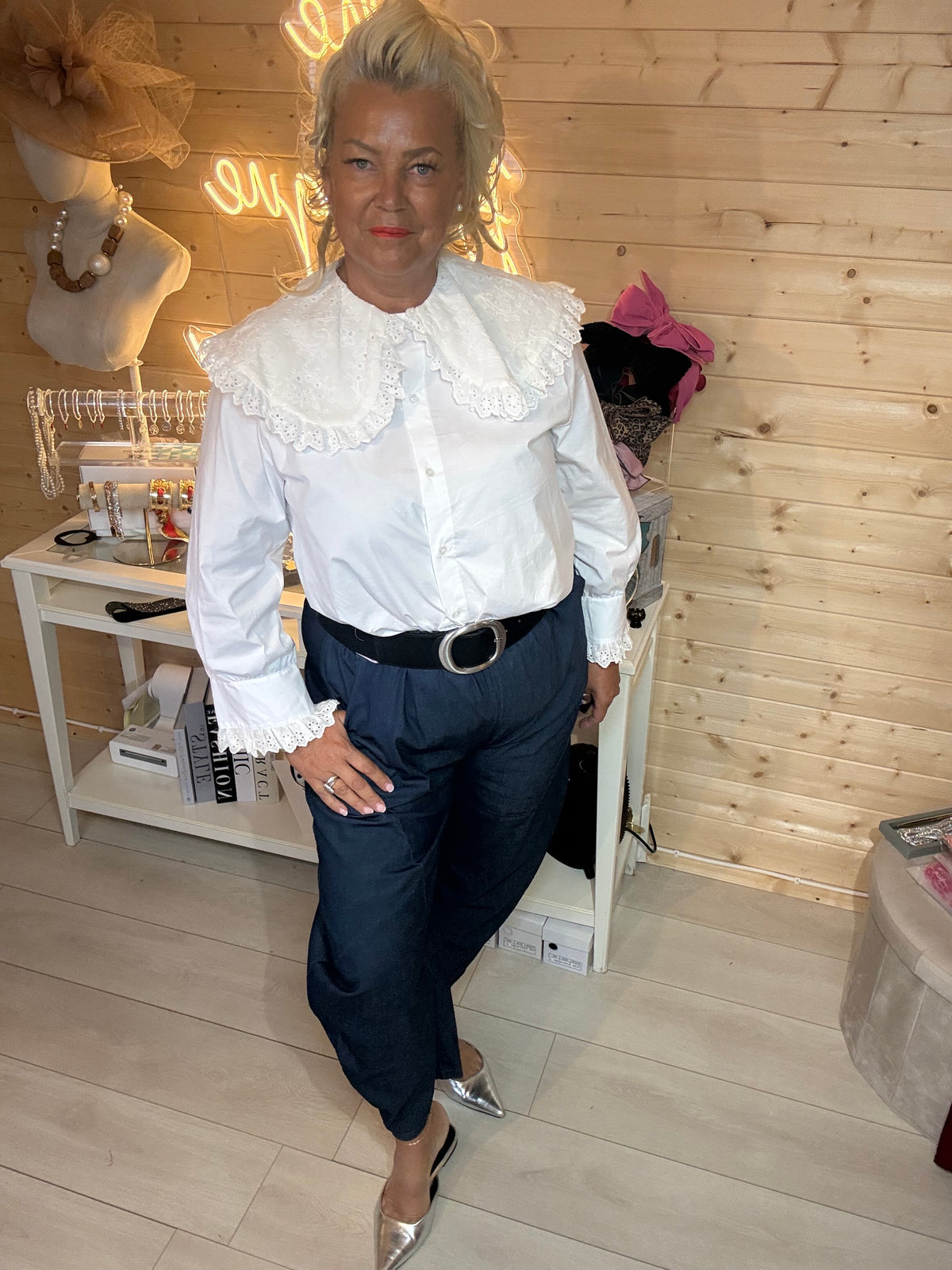 Versailles white blouse with statement broderie collar worn with belted dark denim