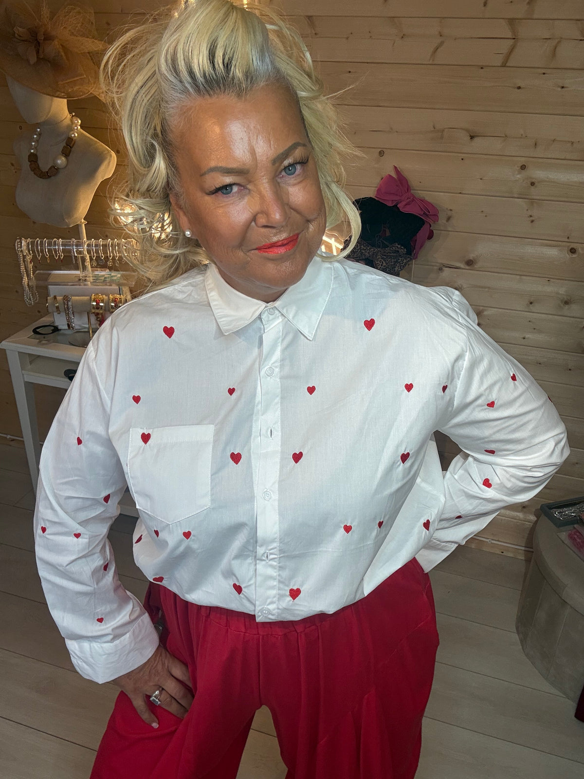 Cuore white oversized heart shirt front view showing chest pocket and heart scatter print