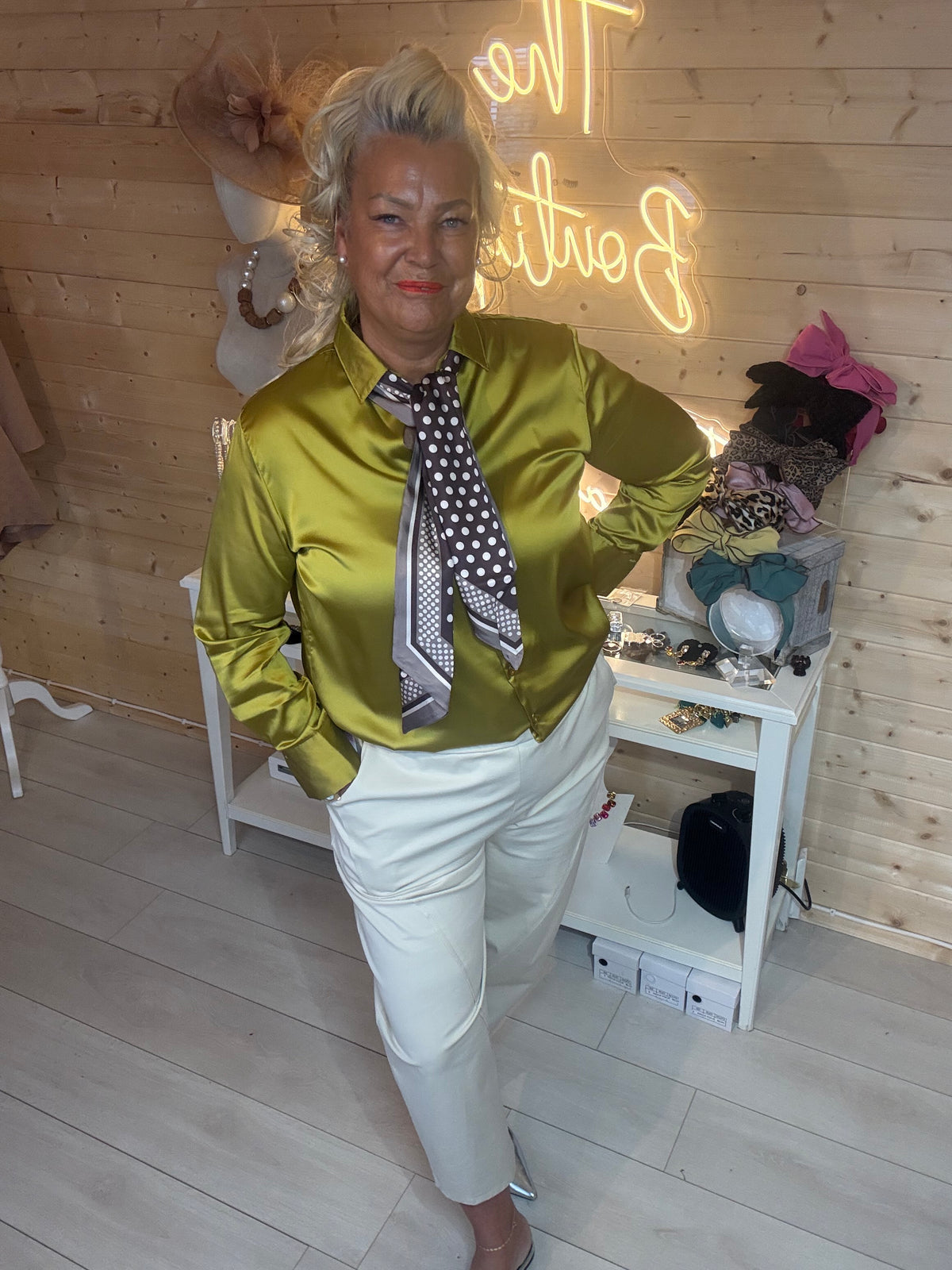 Queen of Hearts satin shirt smiling front view showing chartreuse colour and scarf tie styling