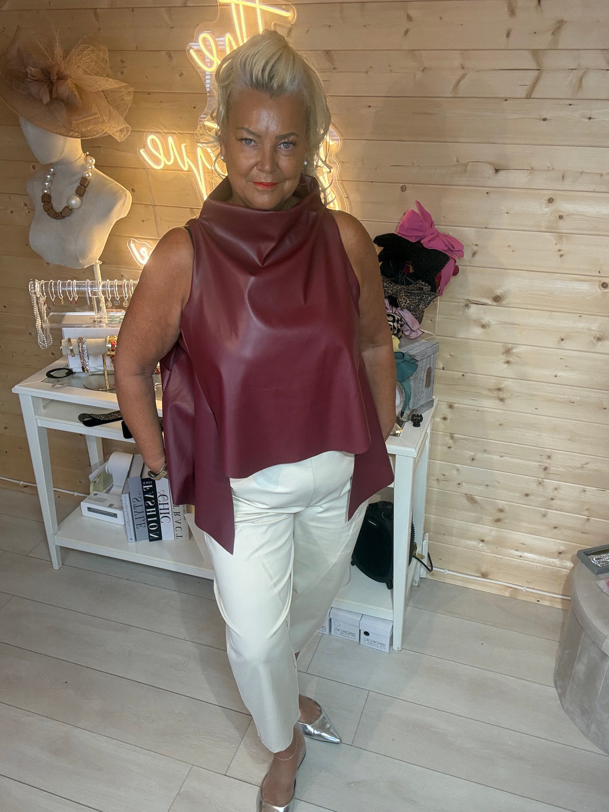 Saints camel faux leather cowl neck top close up showing draped neckline detail