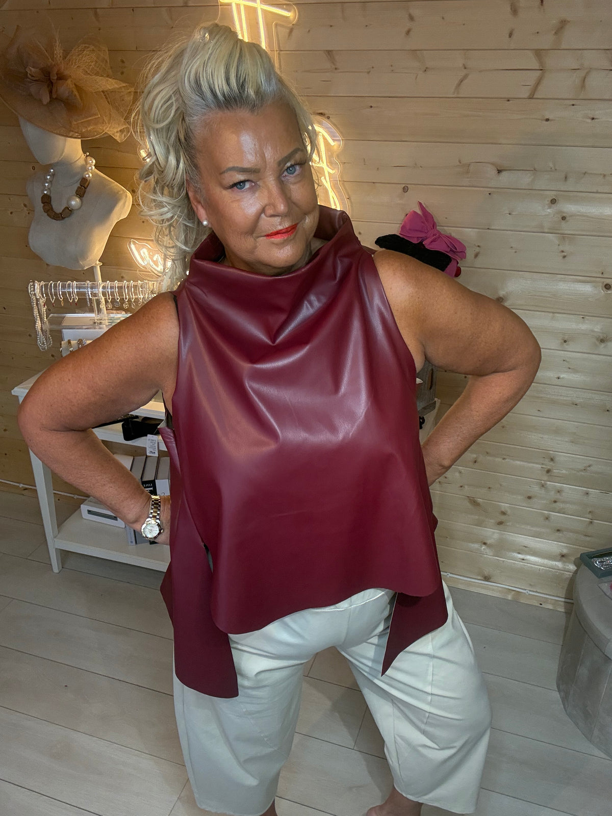 Saints camel faux leather top full length outfit view with stone capri trousers and silver mules
