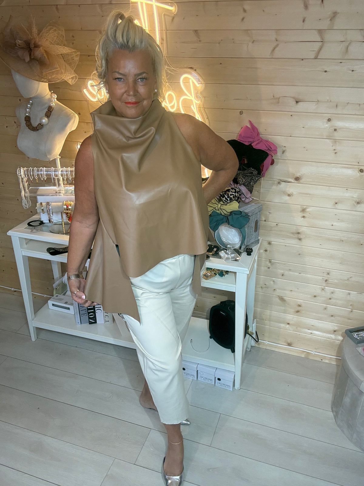 Saints camel cowl neck faux leather top styled boutique outfit side view