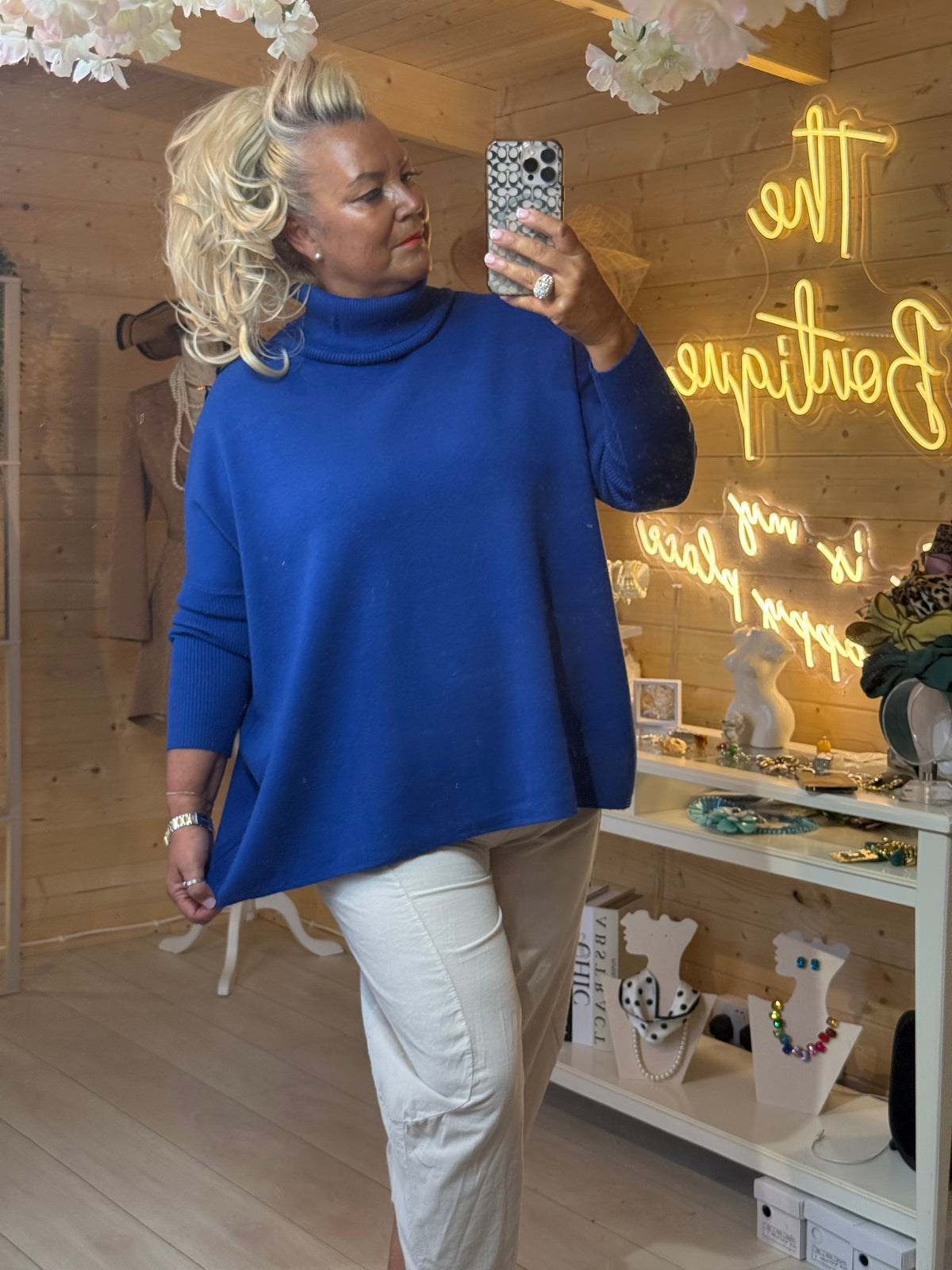 Pola cobalt blue roll neck jumper close up showing ribbed neckline detail