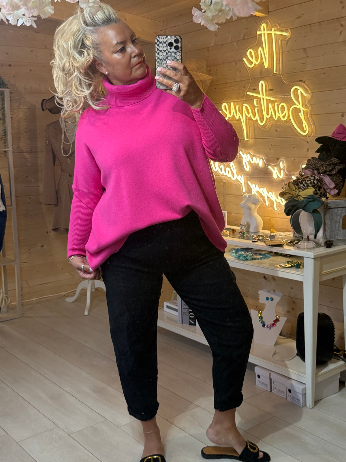 Black Magic Trousers styled with black ruffle lace blouse and gold buckle slides full length mirror selfie