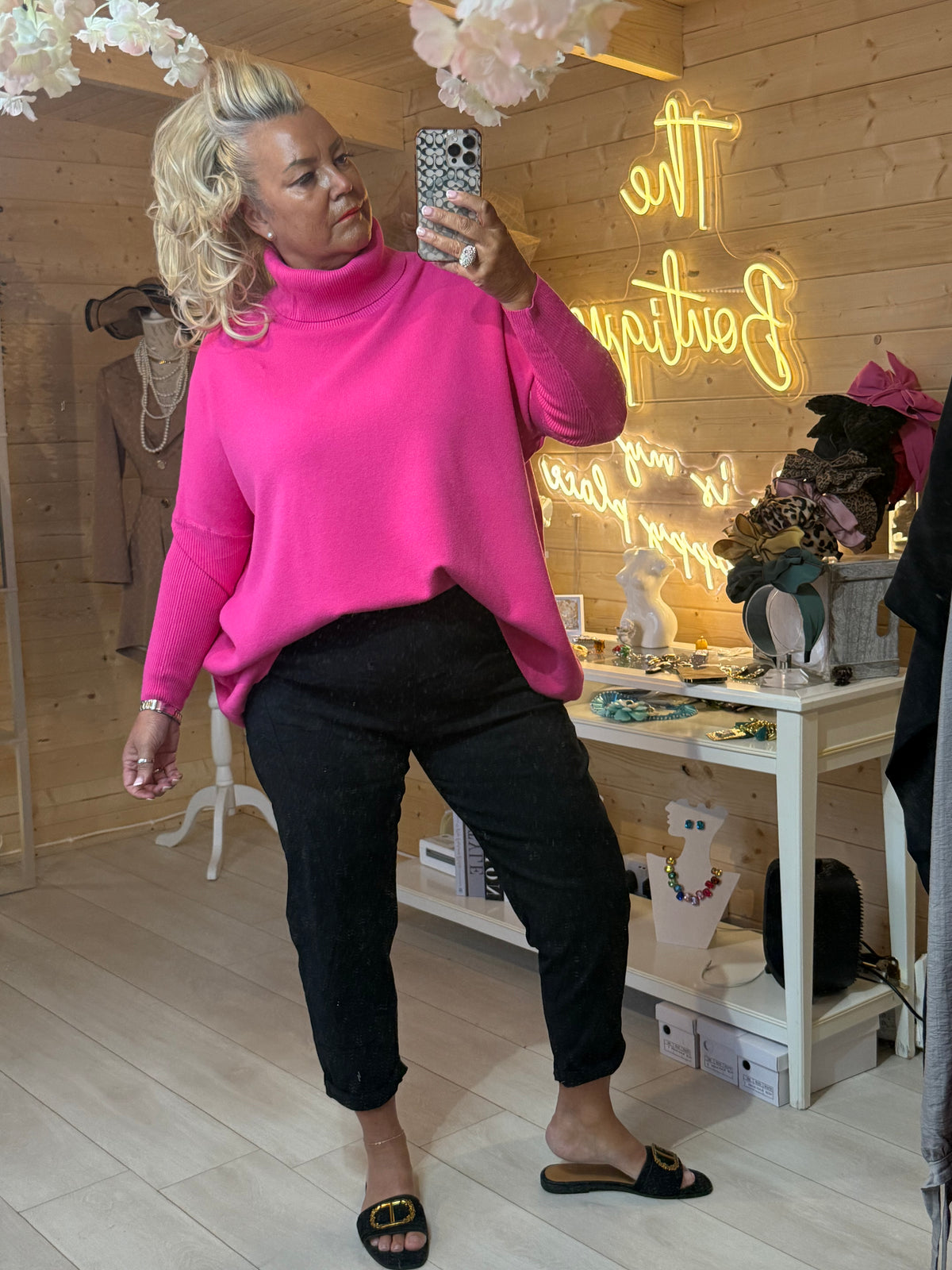 Pola cobalt blue roll neck jumper full length mirror selfie with white trousers and silver mules